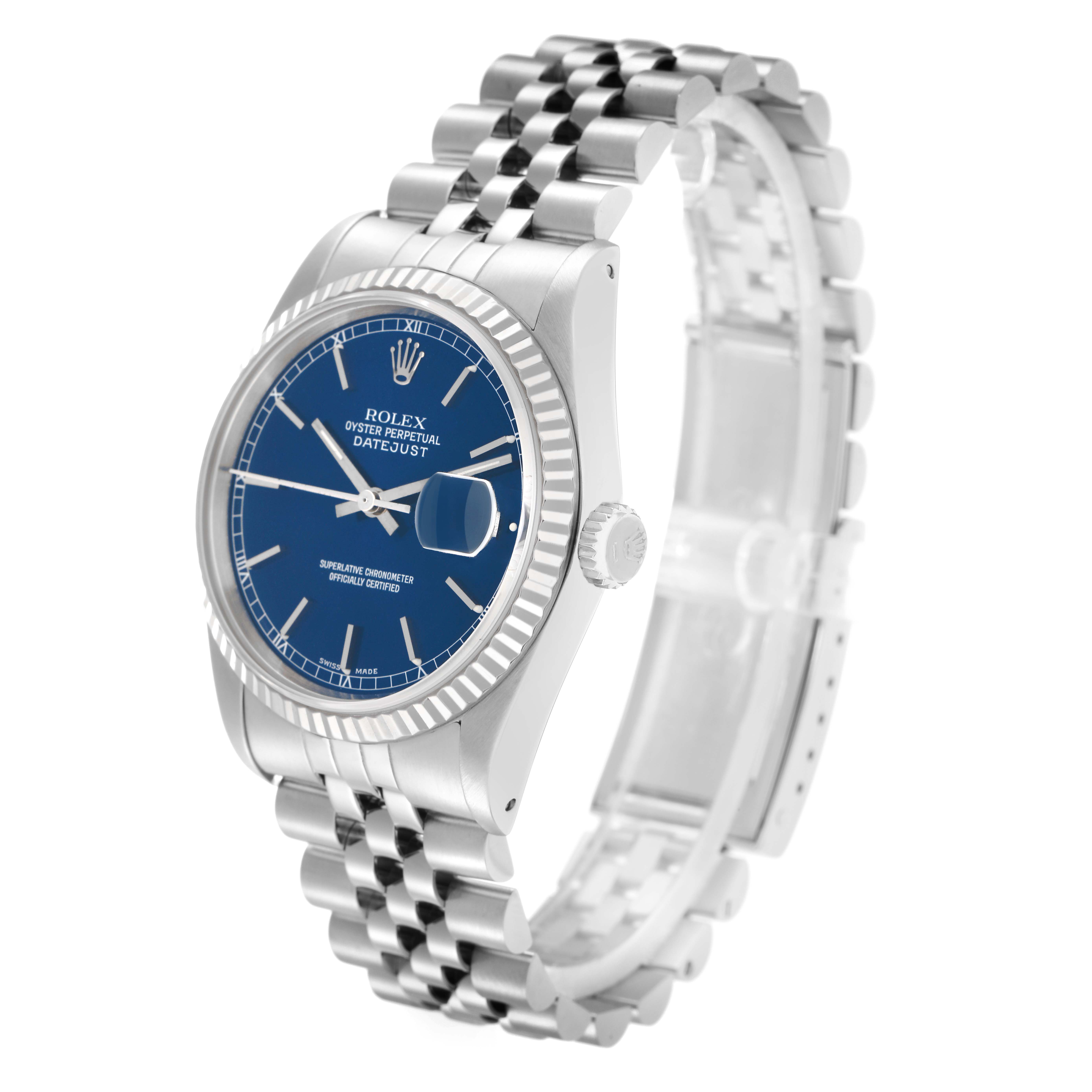 The Rolex Datejust model 16234 watch is shown at a three-quarter angle, highlighting the face, bezel, crown, and Jubilee bracelet.