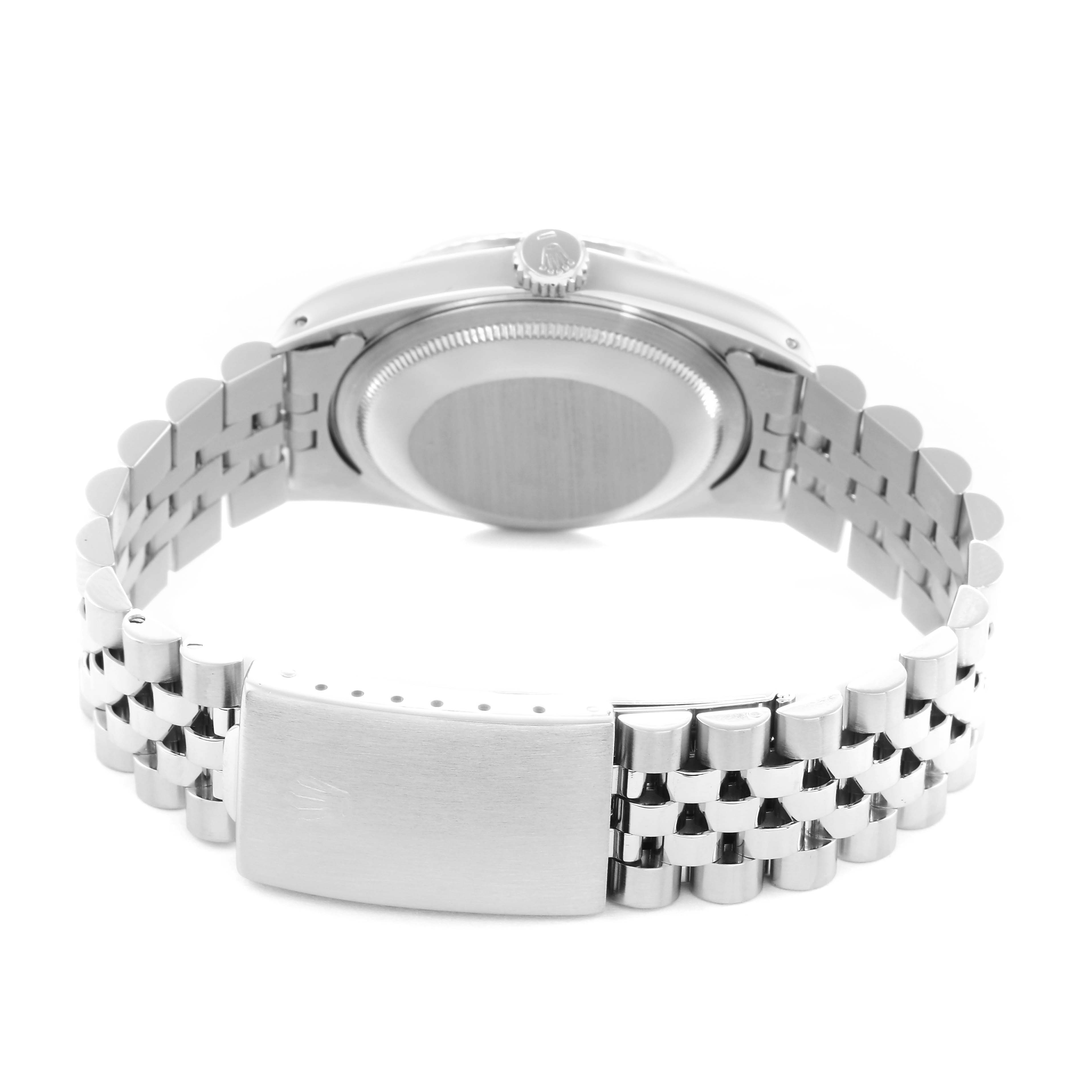 The image shows the back view of a Rolex Datejust 16234 men's watch, highlighting the case back, crown, and Jubilee bracelet with the clasp open.