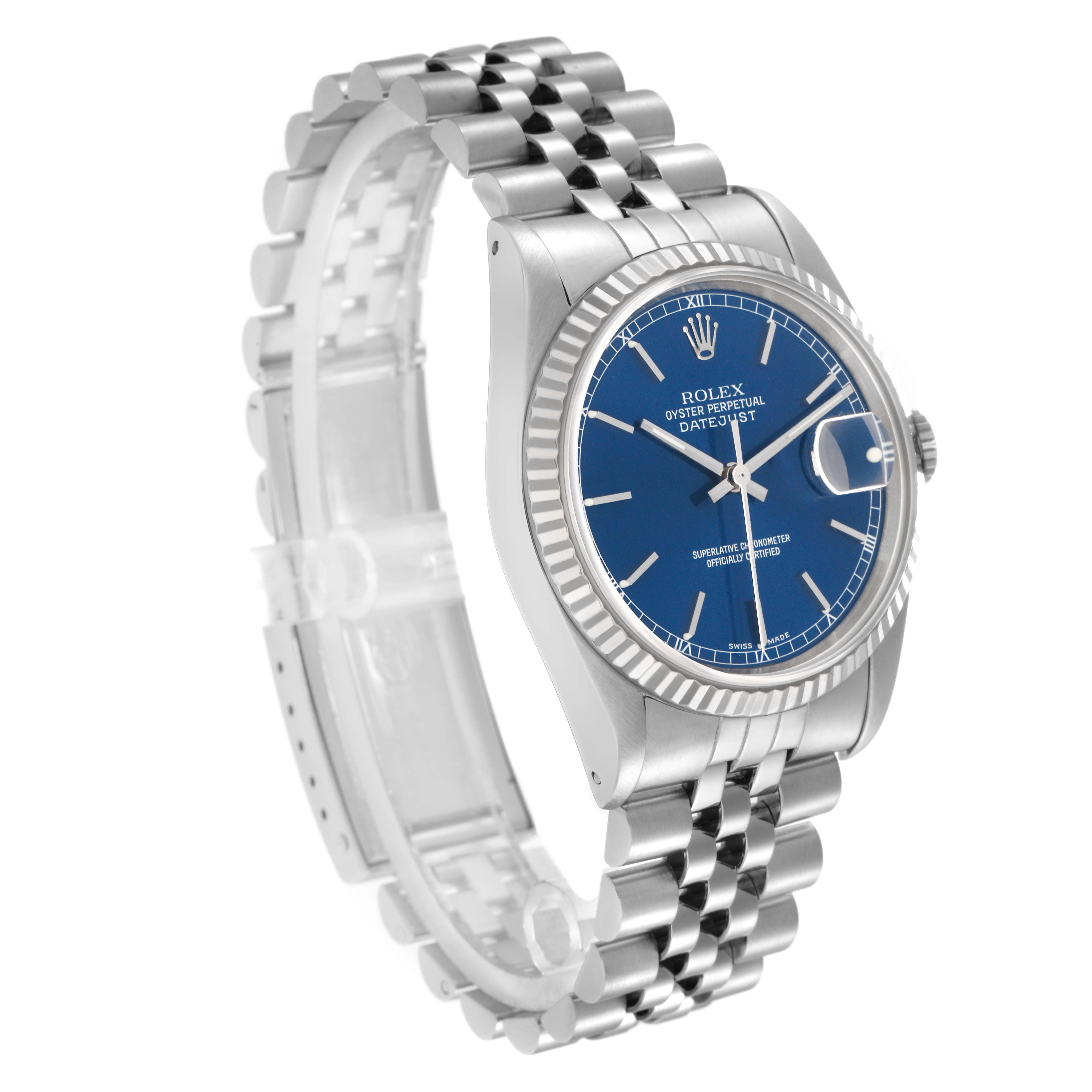 The image shows a Rolex Datejust 16234 men's watch at a slight angle, highlighting the blue dial, fluted bezel, and Jubilee bracelet.