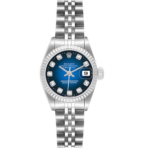 The Rolex Datejust 69174 Women's Stainless Steel Blue Dial watch is shown from a front view, highlighting the dial, bezel, bracelet, and crown.