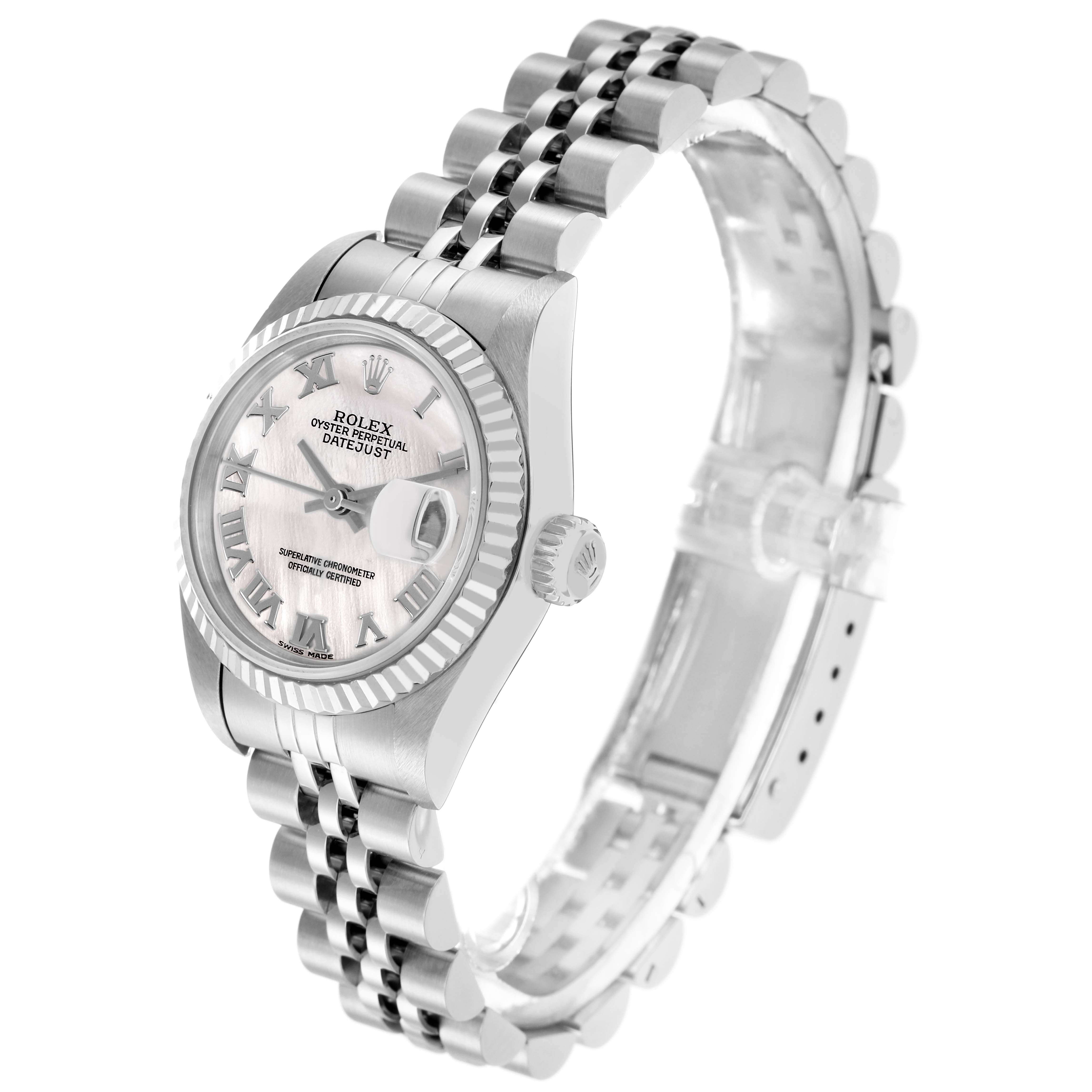 The Rolex Datejust model 79174 men's watch is shown in a side angle, highlighting the face, bezel, crown, and jubilee bracelet.