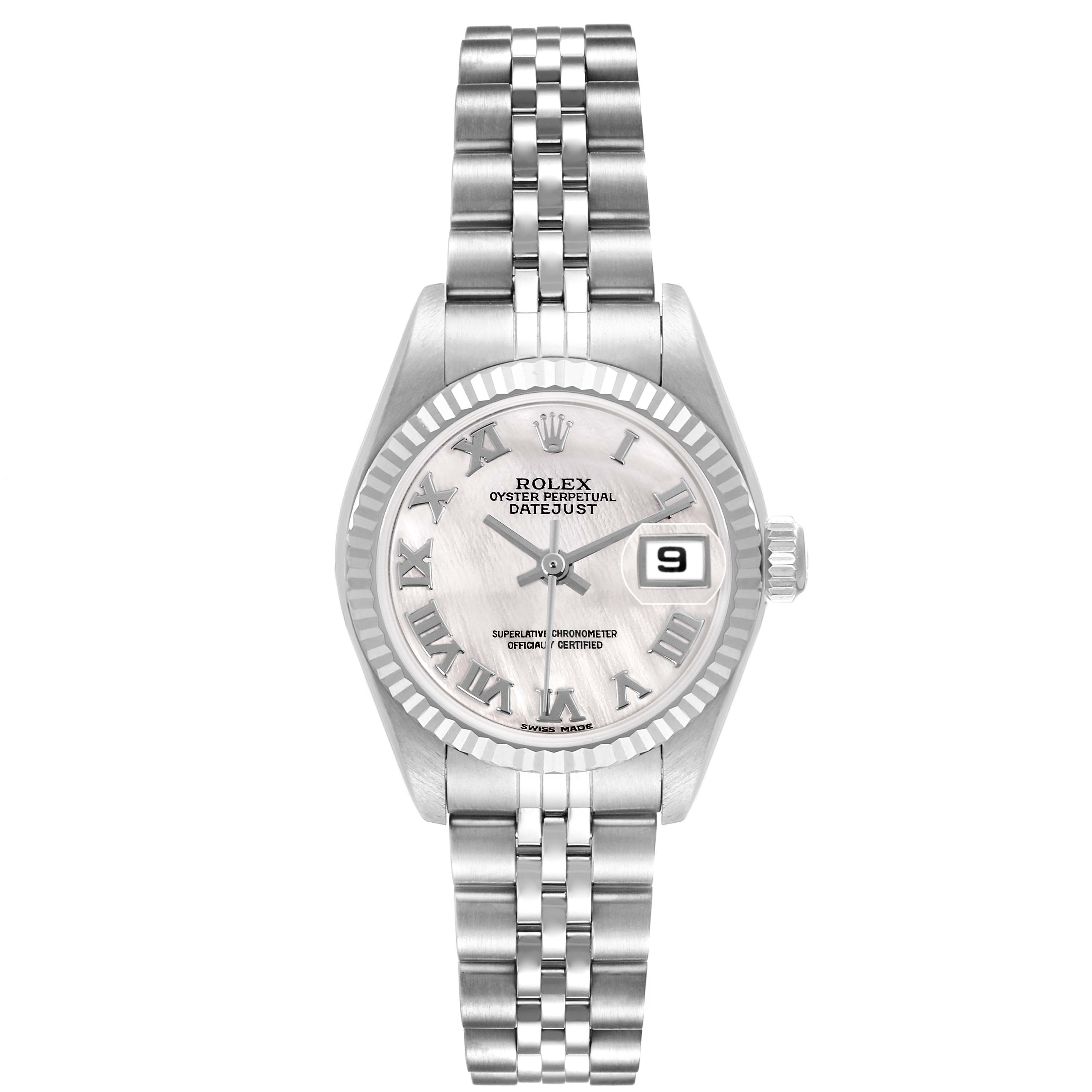 The image shows a Rolex Datejust model 79174 men's watch from a front angle, highlighting its face, bezel, and bracelet.