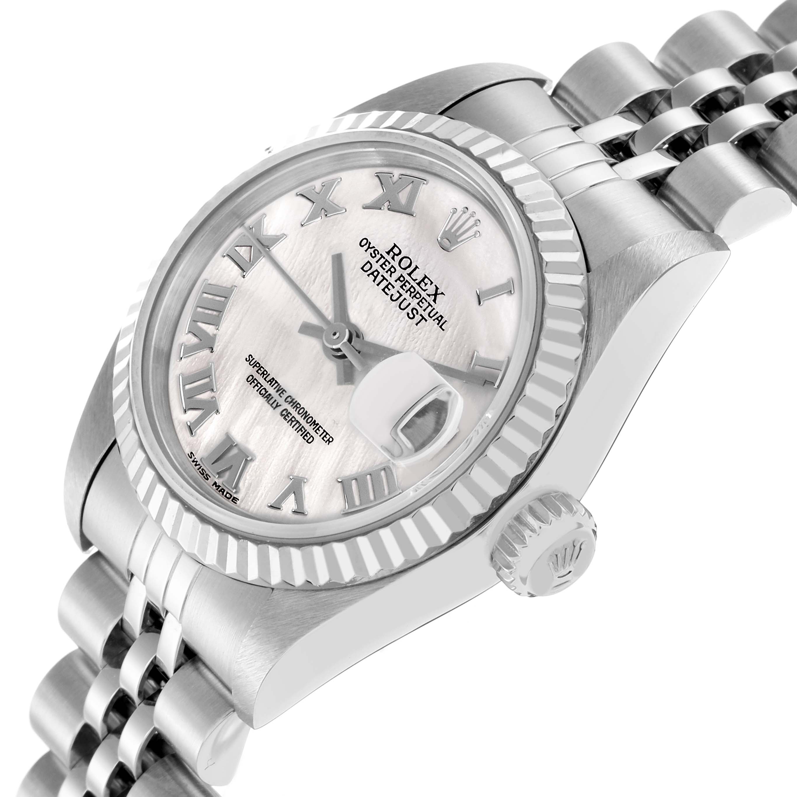 The Rolex Datejust model 79174 is shown at an angled view, displaying the dial, bezel, and part of the bracelet with a focus on the case and crown.