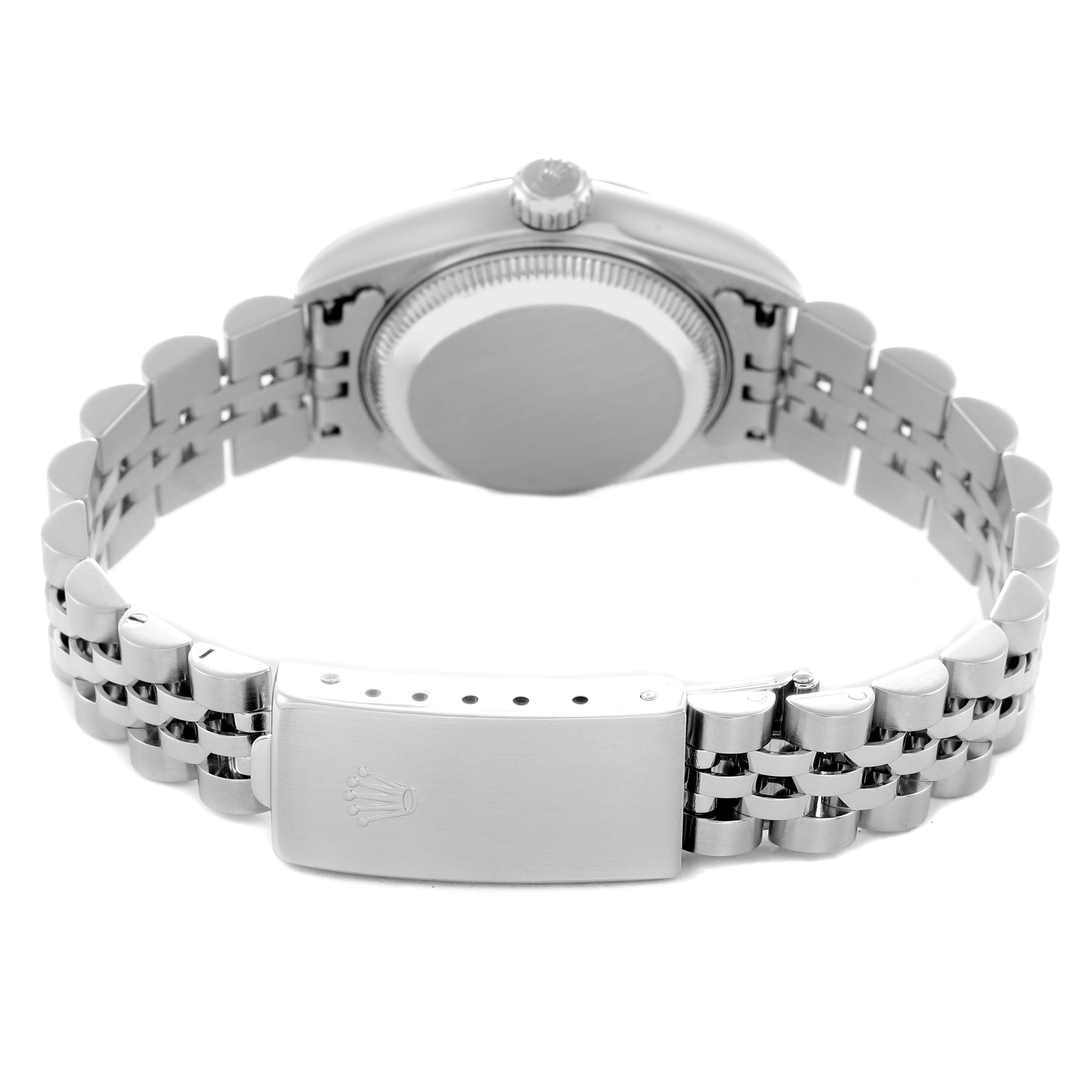 The image shows the back view of the Rolex Datejust model 79174 men's watch, featuring the case back, crown, and Jubilee bracelet with the clasp visible.