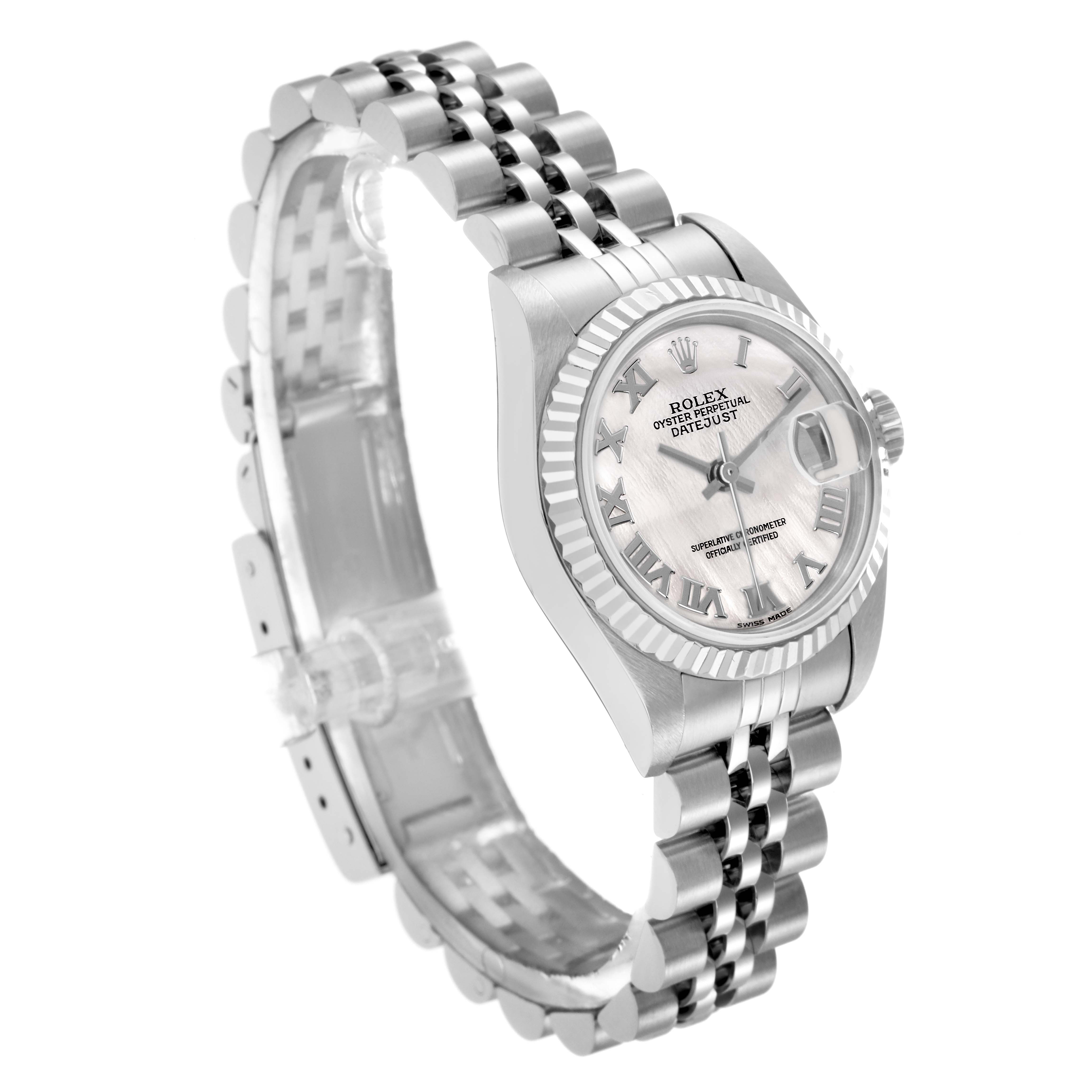 The image displays a Rolex Datejust model number 79174 from an angled view, showcasing the watch face, fluted bezel, and jubilee bracelet.