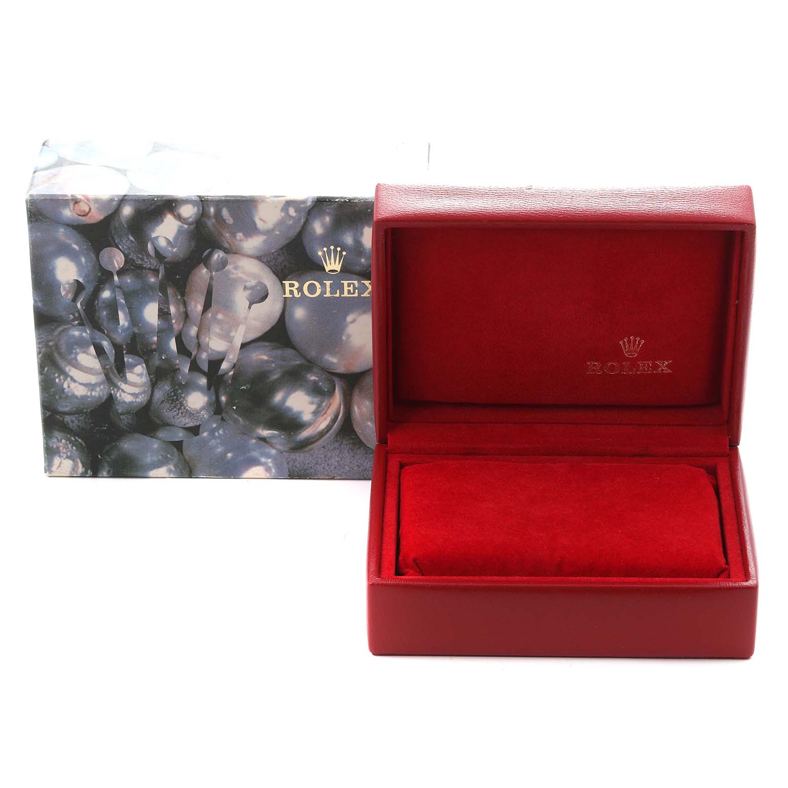 The image shows a red Rolex watch box with a patterned outer box, but the Datejust model 79174 men's watch is not visible.