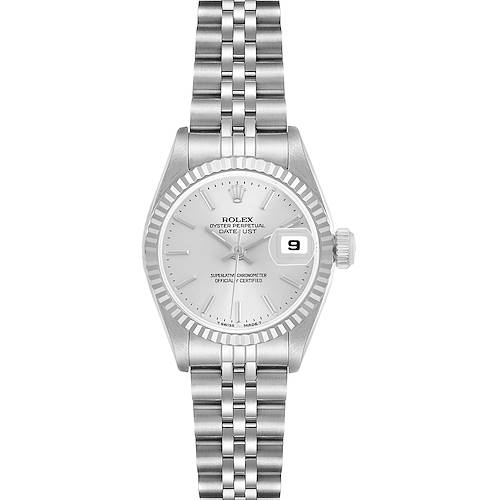 The Rolex Datejust 69174 Women's Stainless Steel Silver Dial watch is shown from a front angle, highlighting the face, bezel, bracelet, and date magnifier.