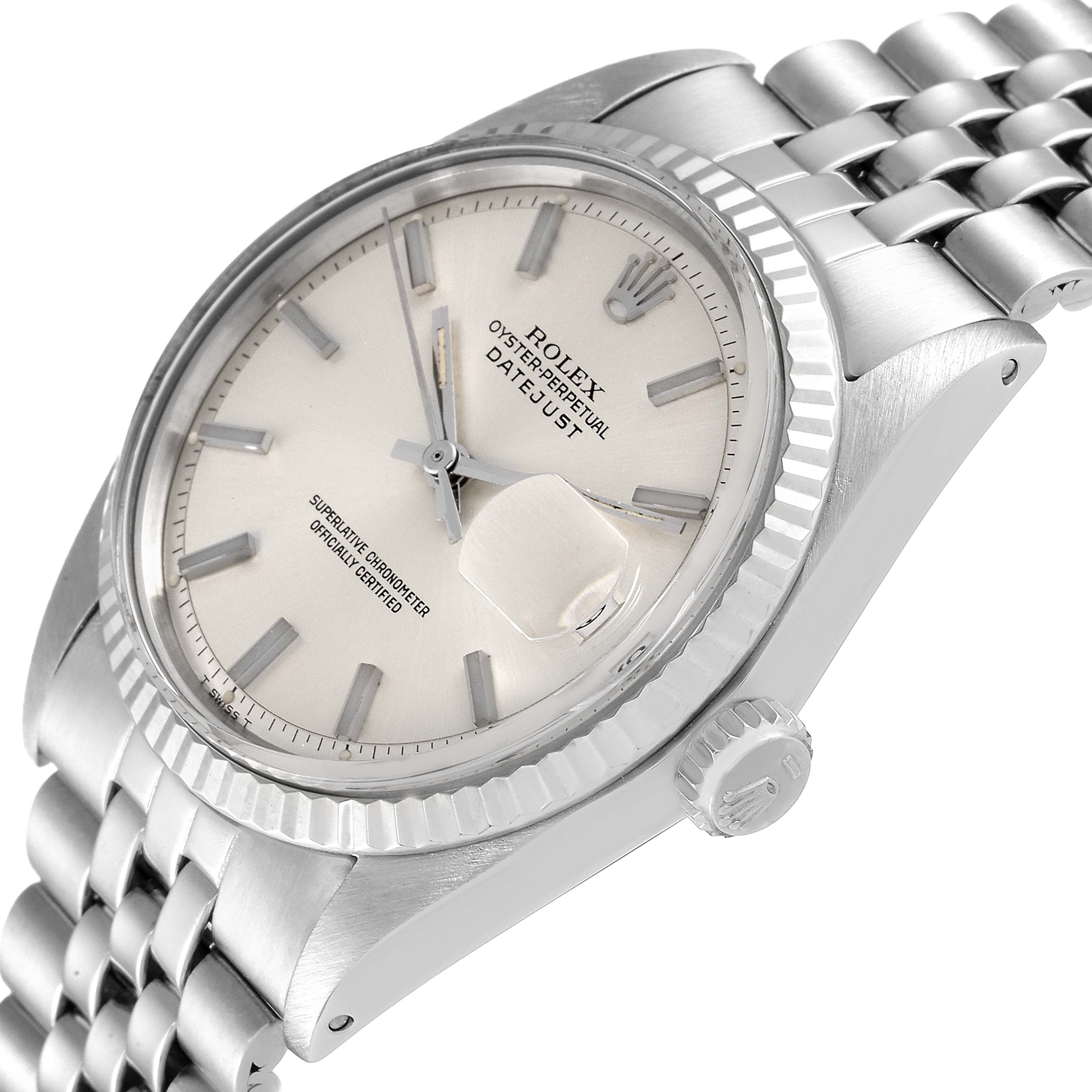 The image shows a close-up angle of the Rolex Vintage Collection 1601 Men
s Stainless Steel Silver Dial 1601 Men
s Stainless Steel Silver Dial Datejust, highlighting its face, bezel, crown, and part of the bracelet.