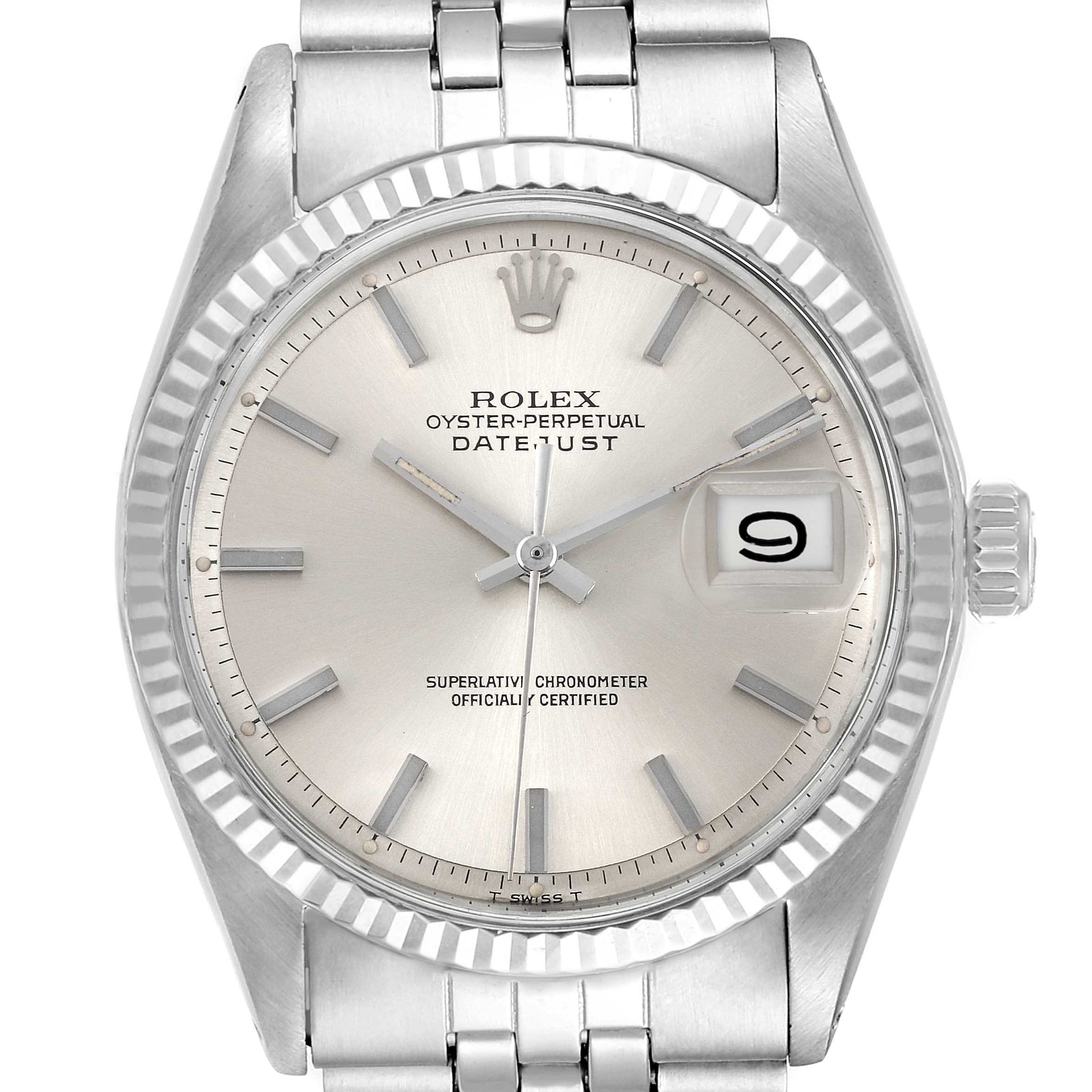 The image shows a front view of the Rolex Vintage Collection 1601 Men
s Stainless Steel Silver Dial 1601 Men
s Stainless Steel Silver Dial Datejust watch, highlighting its dial, bezel, bracelet, and crown.