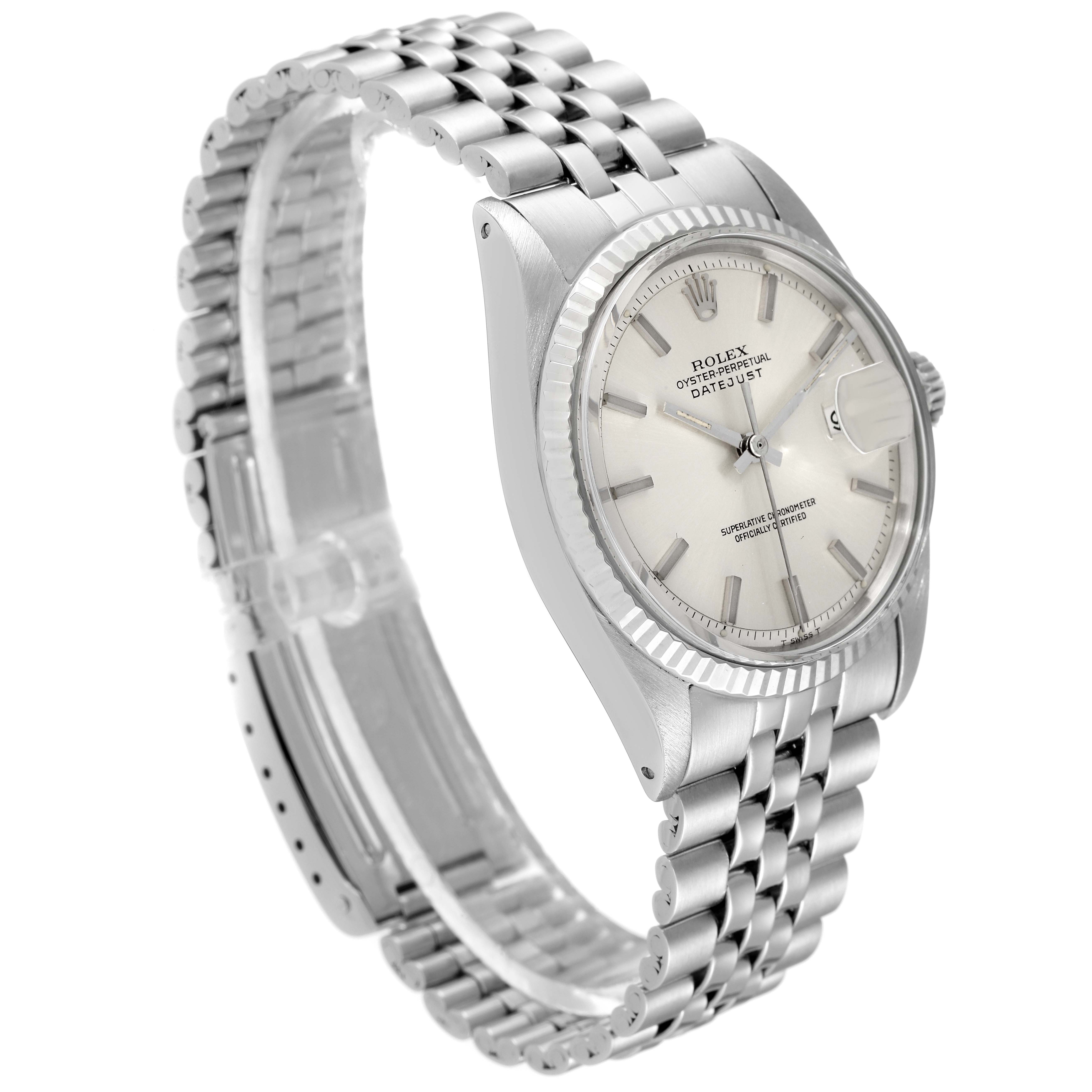 The image shows a Rolex Vintage Collection 1601 Men
s Stainless Steel Silver Dial 1601 Men
s Stainless Steel Silver Dial watch, featuring its front dial, bezel, and stainless steel bracelet, from a side angle.