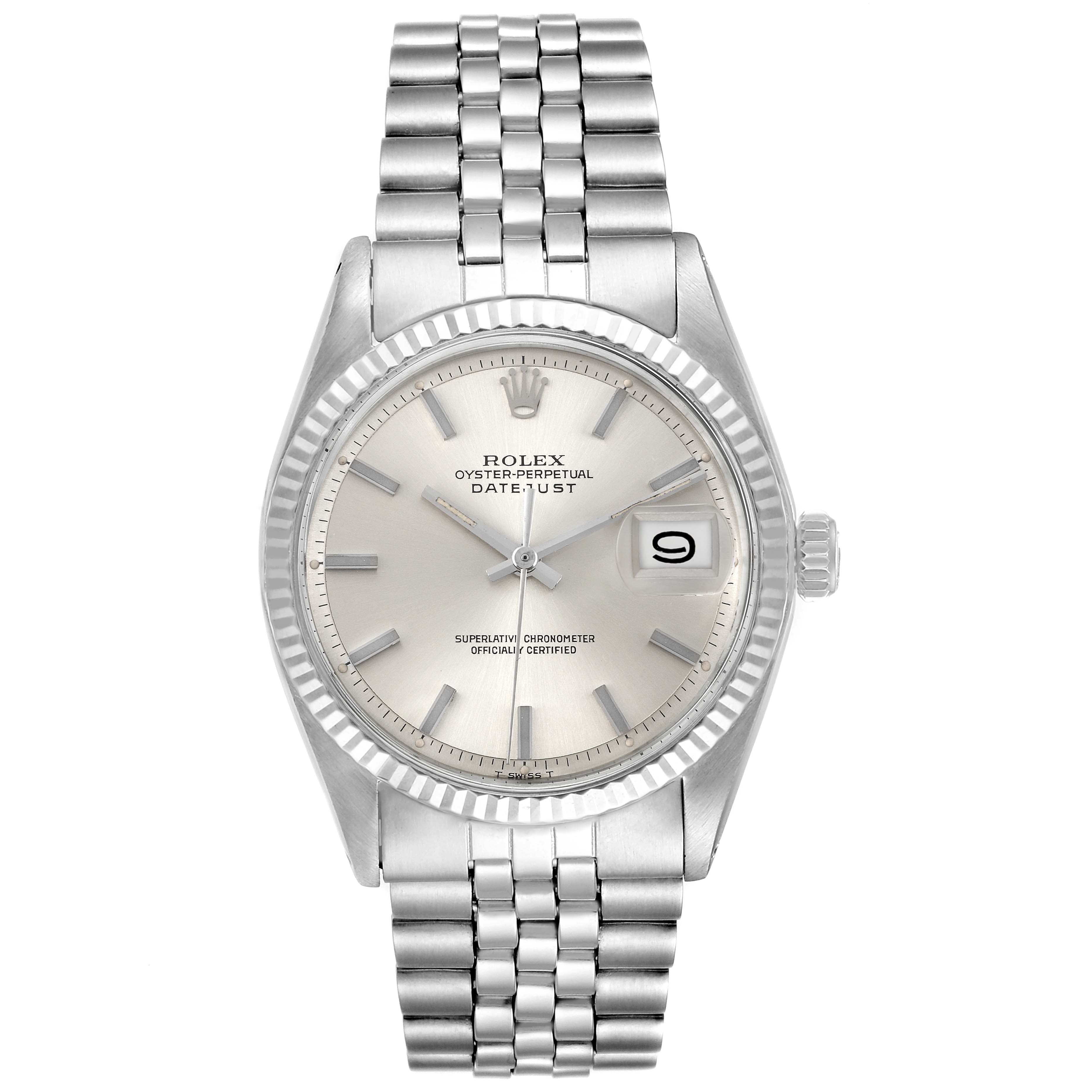 This is a front view of a Rolex Vintage Collection 1601 Men
s Stainless Steel Silver Dial 1601 Men
s Stainless Steel Silver Dial Datejust watch showing the dial, bezel, hands, and bracelet.