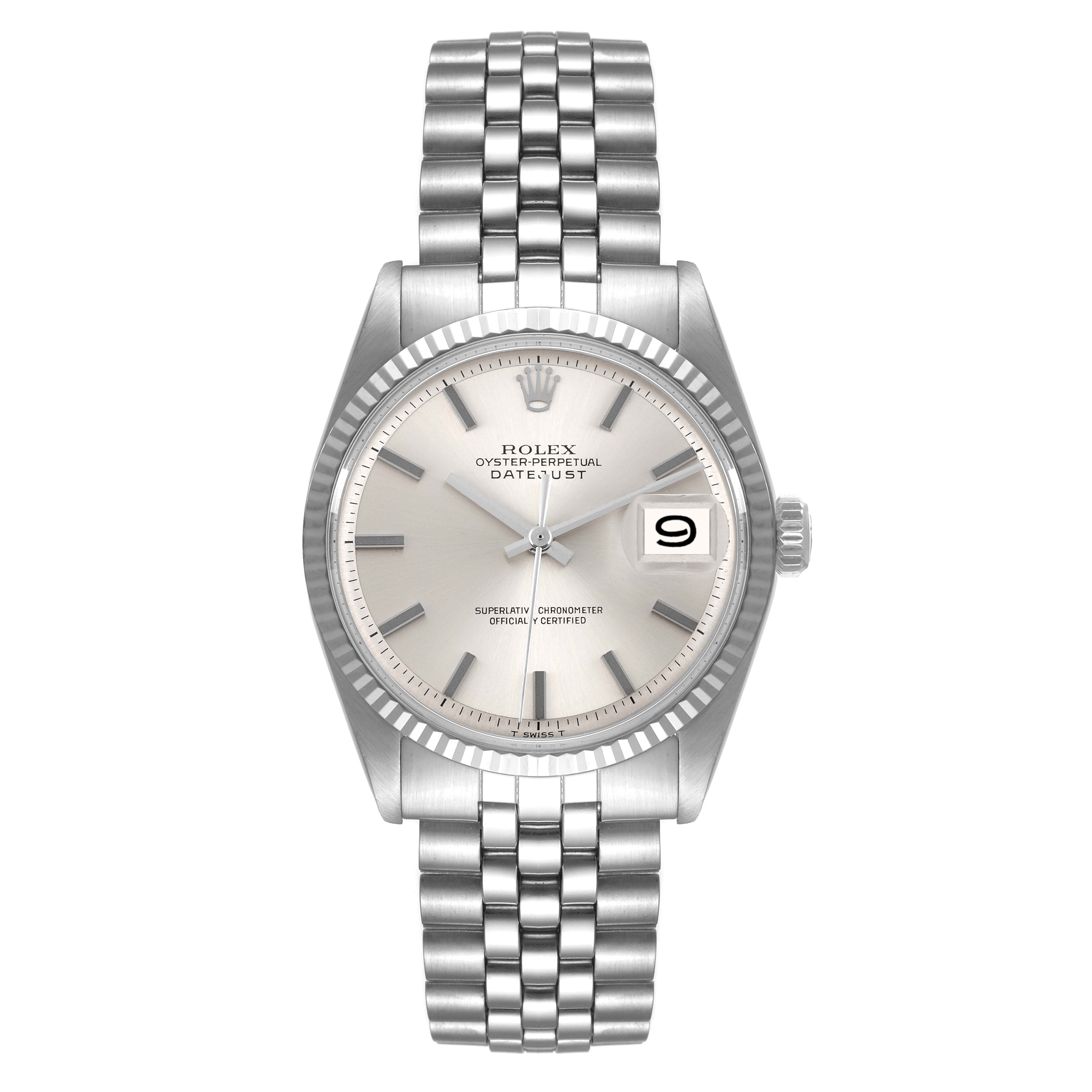 This image shows a Rolex Datejust 1601 Men's Stainless Steel Silver Dial 1601 Men's Stainless Steel Silver Dial watch from the front, highlighting the dial, bracelet, crown, and date window.