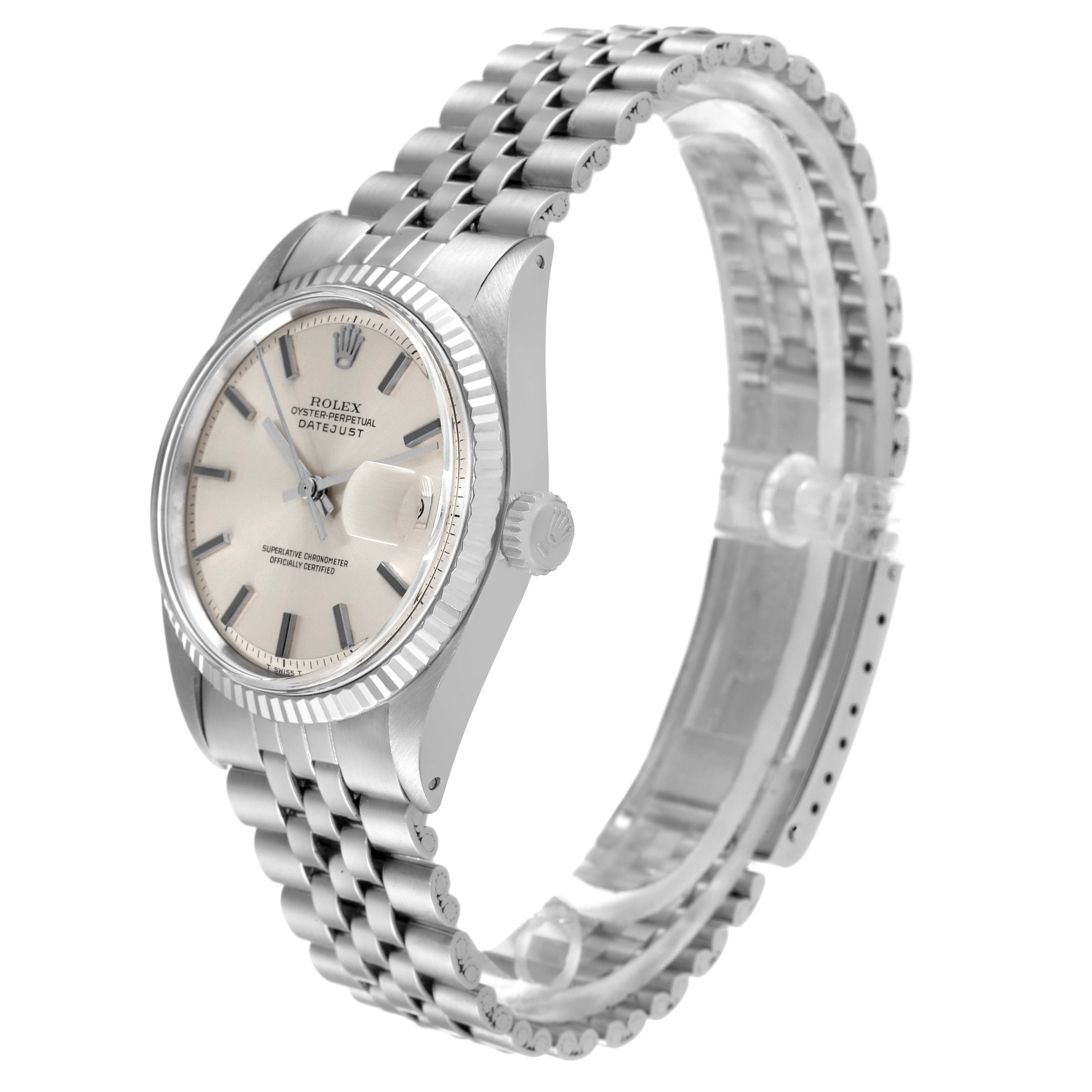 The image shows a Rolex Datejust 1601 Men's Stainless Steel Silver Dial 1601 Men's Stainless Steel Silver Dial watch at a slight side angle, highlighting the bracelet, bezel, and crown.
