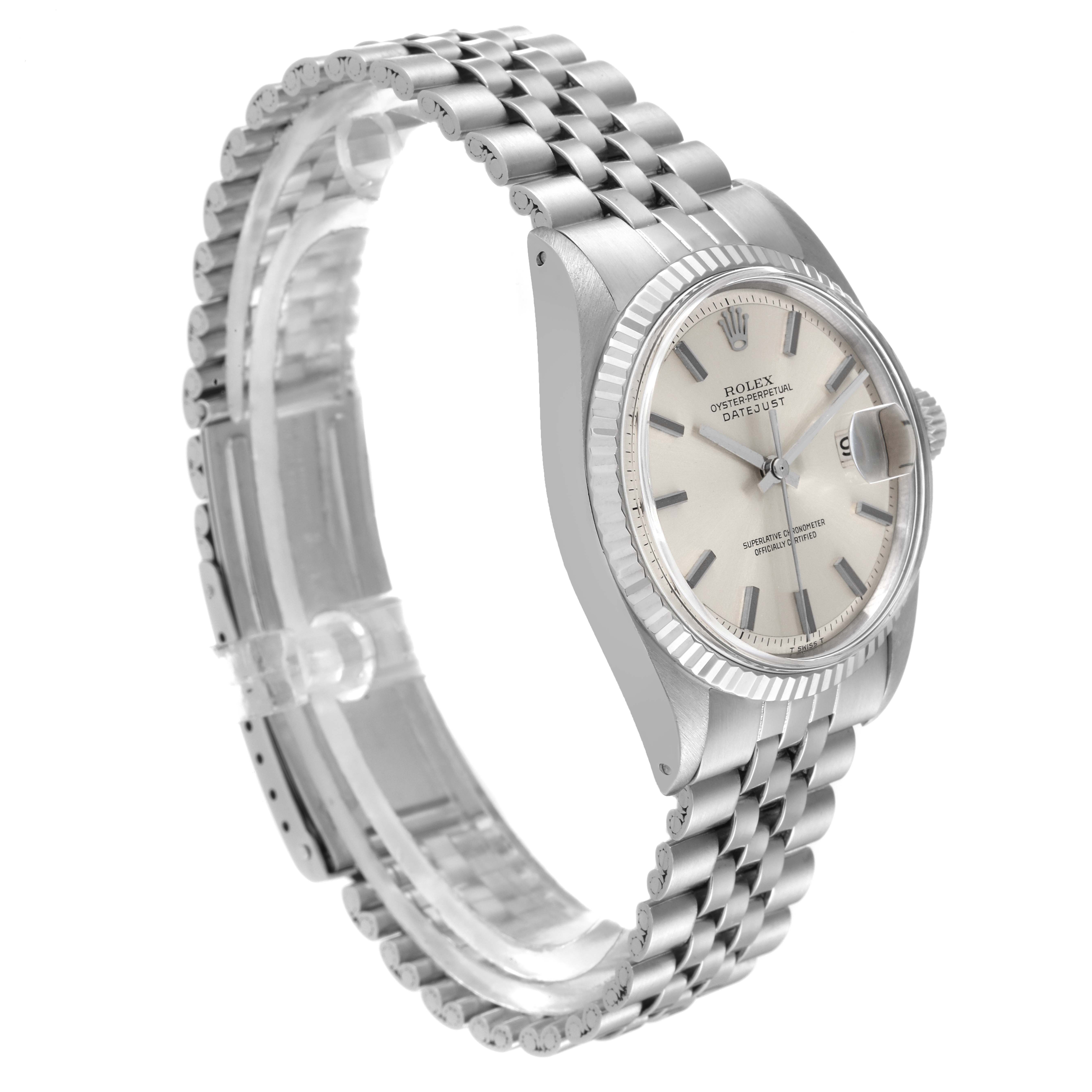 This Rolex Datejust 1601 Men's Stainless Steel Silver Dial 1601 Men's Stainless Steel Silver Dial model watch is shown at a slight angle, highlighting its face, fluted bezel, and Jubilee bracelet.