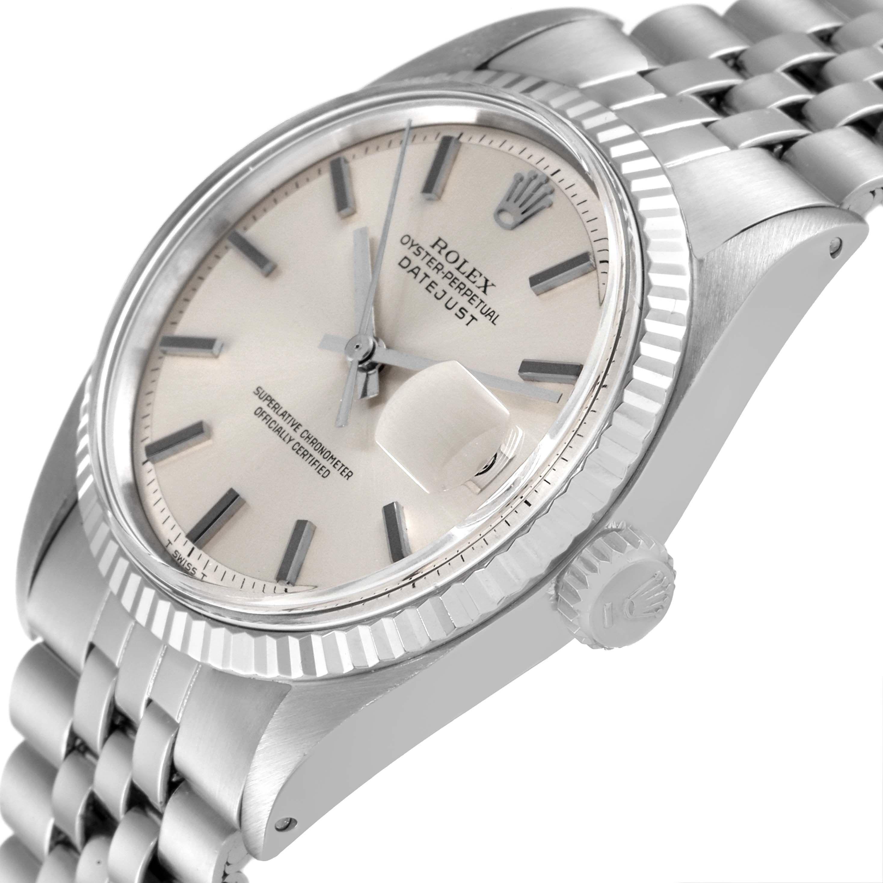 This image shows a side-angle view of the Rolex Datejust 1601 Men's Stainless Steel Silver Dial 1601 Men's Stainless Steel Silver Dial watch, highlighting the face, crown, and bracelet.