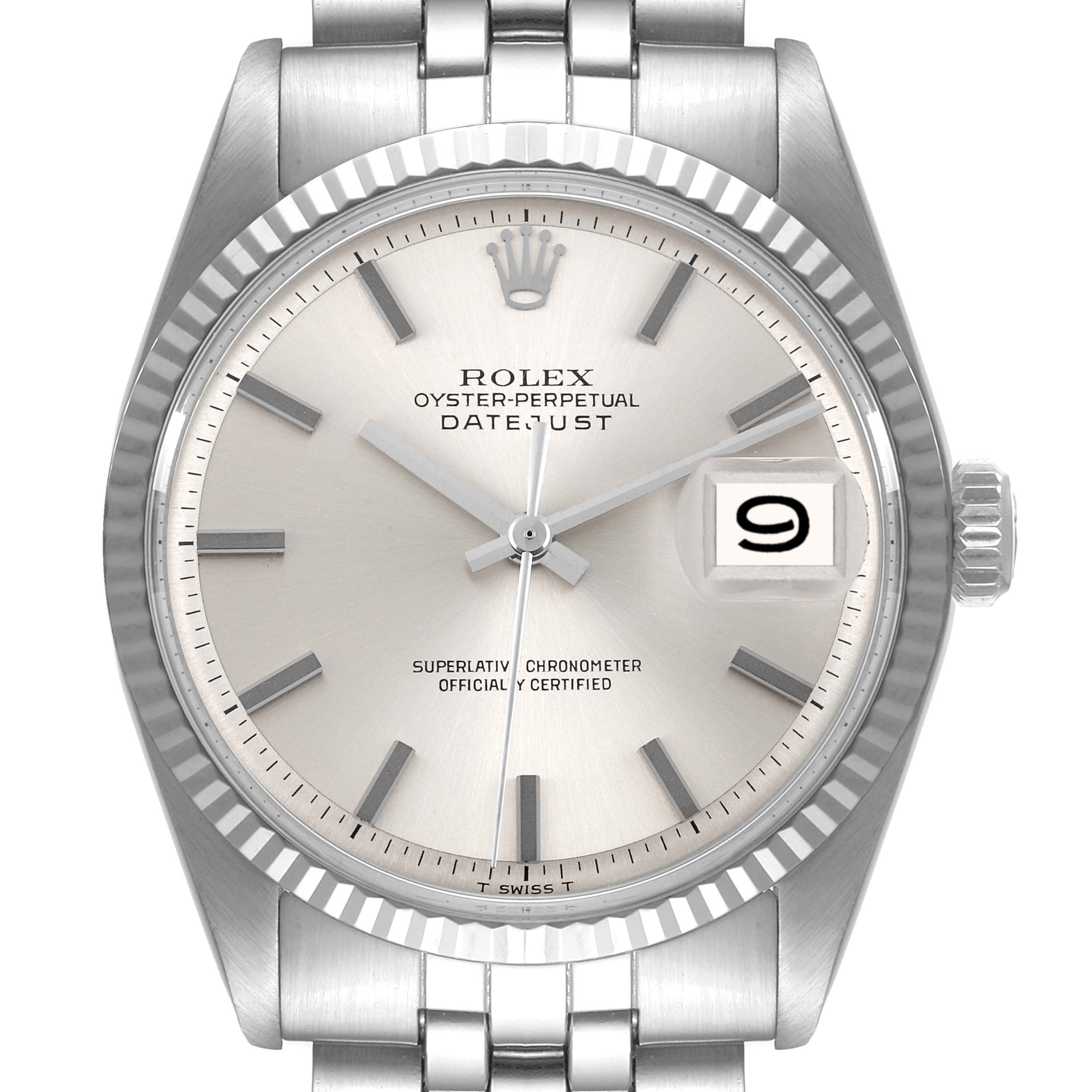 This is a close-up view of the dial, bezel, and top part of the bracelet of a Rolex Datejust 1601 Men's Stainless Steel Silver Dial 1601 Men's Stainless Steel Silver Dial watch.