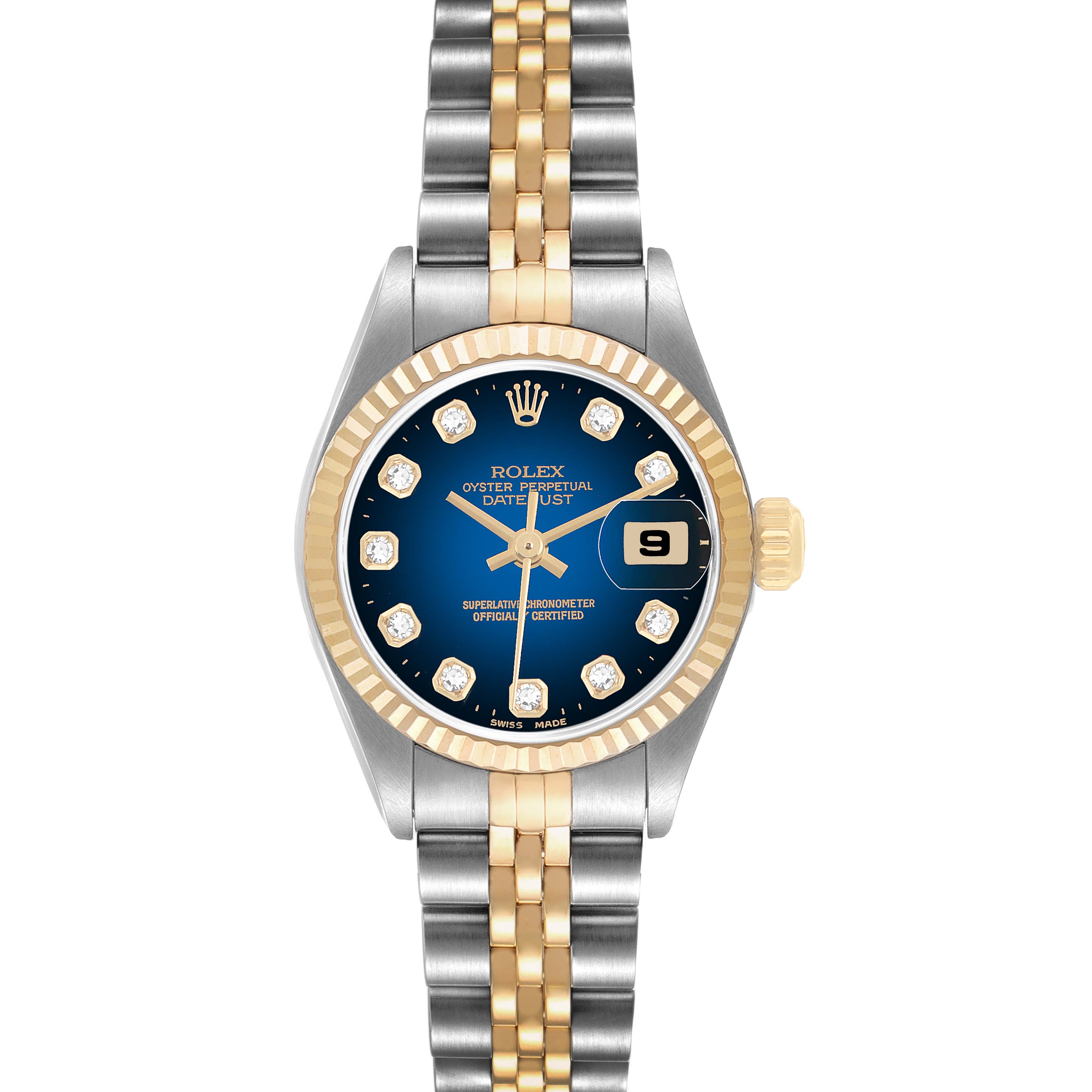 The Rolex Datejust 79173 Women's Steel and Gold (two tone) Blue Dial watch is shown from the front, highlighting the blue dial, fluted bezel, and two-tone Jubilee bracelet.
