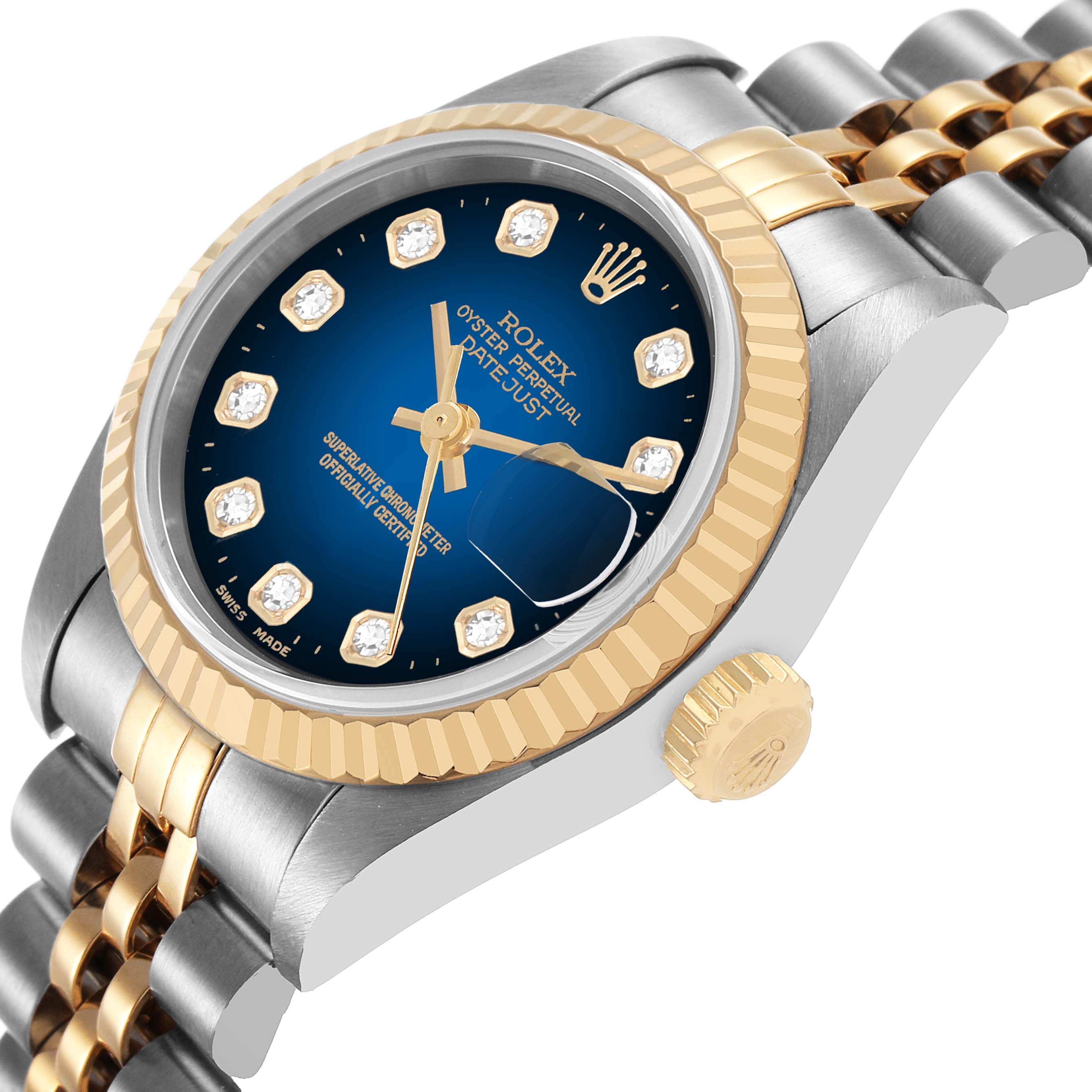 The Rolex Datejust 79173 Women's Steel and Gold (two tone) Blue Dial watch is shown from an angled side view, highlighting the dial, fluted bezel, crown, and two-tone bracelet.