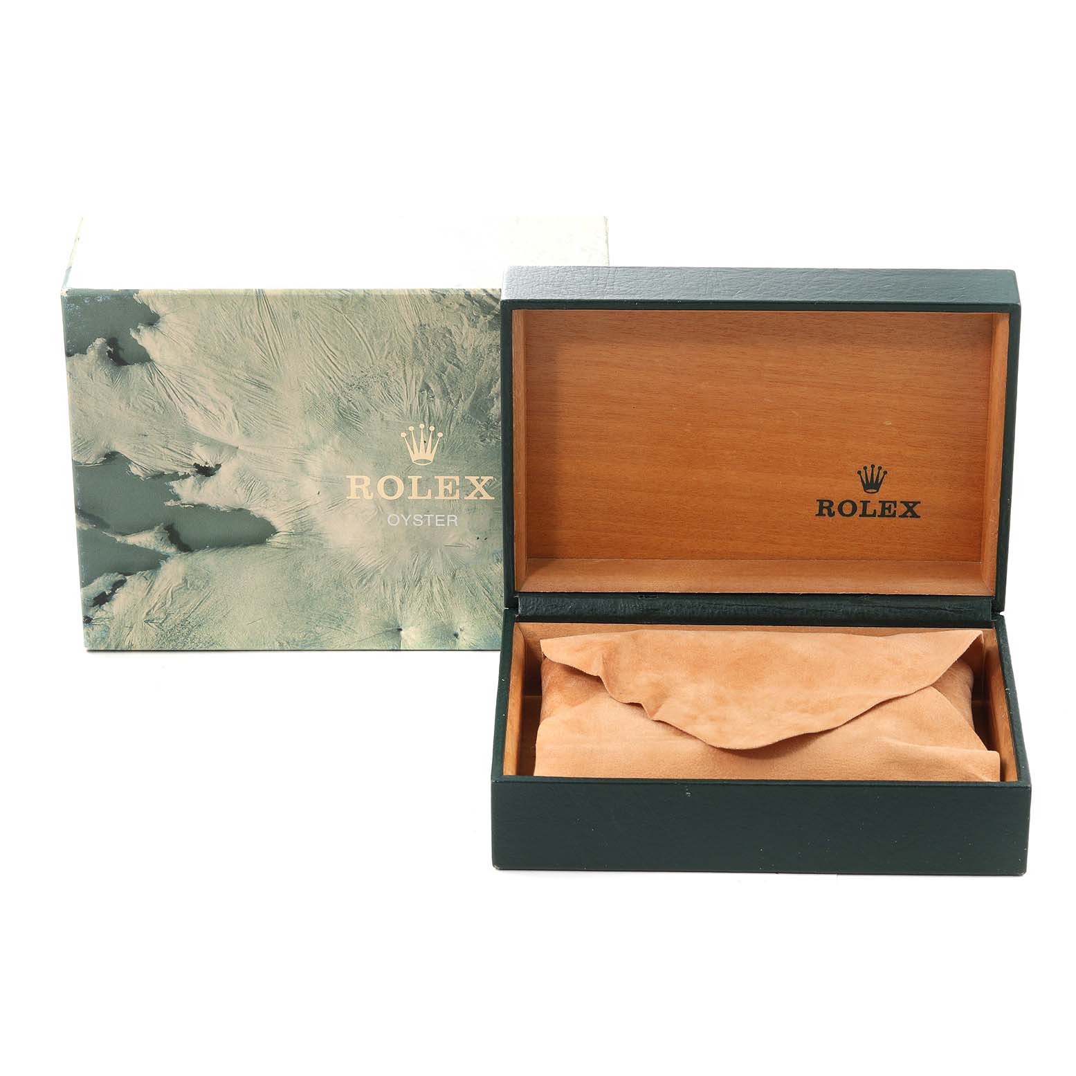 The image shows an open Rolex Datejust 16233 Men's Steel and Gold (two tone) Champagne Dial 16233 Men's Steel and Gold (two tone) Champagne Dial watch box with a velvet cushion inside and the outer packaging behind it.