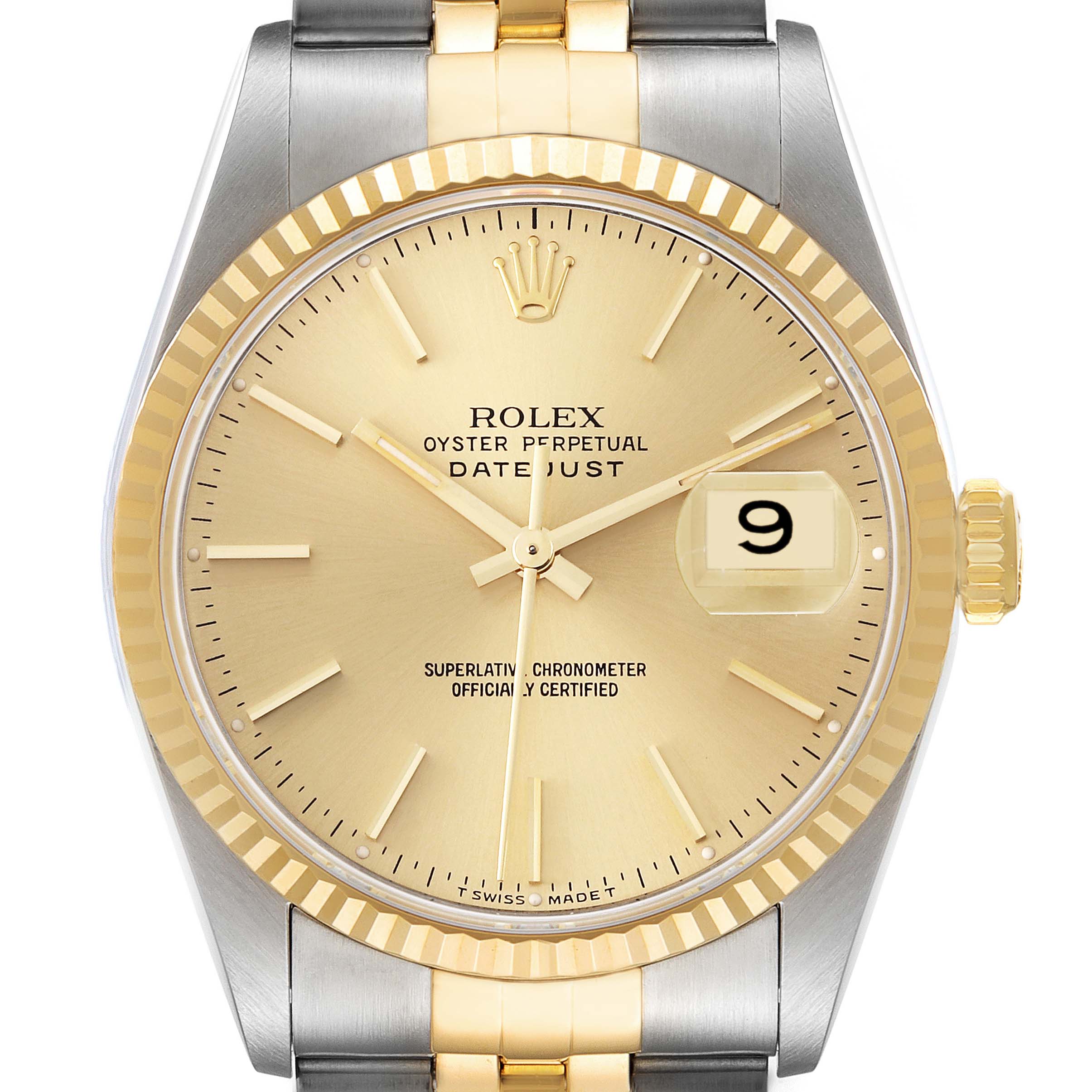This image shows a straight-on view of the dial and bezel of a Rolex Datejust 16233 Men's Steel and Gold (two tone) Champagne Dial 16233 Men's Steel and Gold (two tone) Champagne Dial watch, featuring a gold dial and two-tone bracelet.