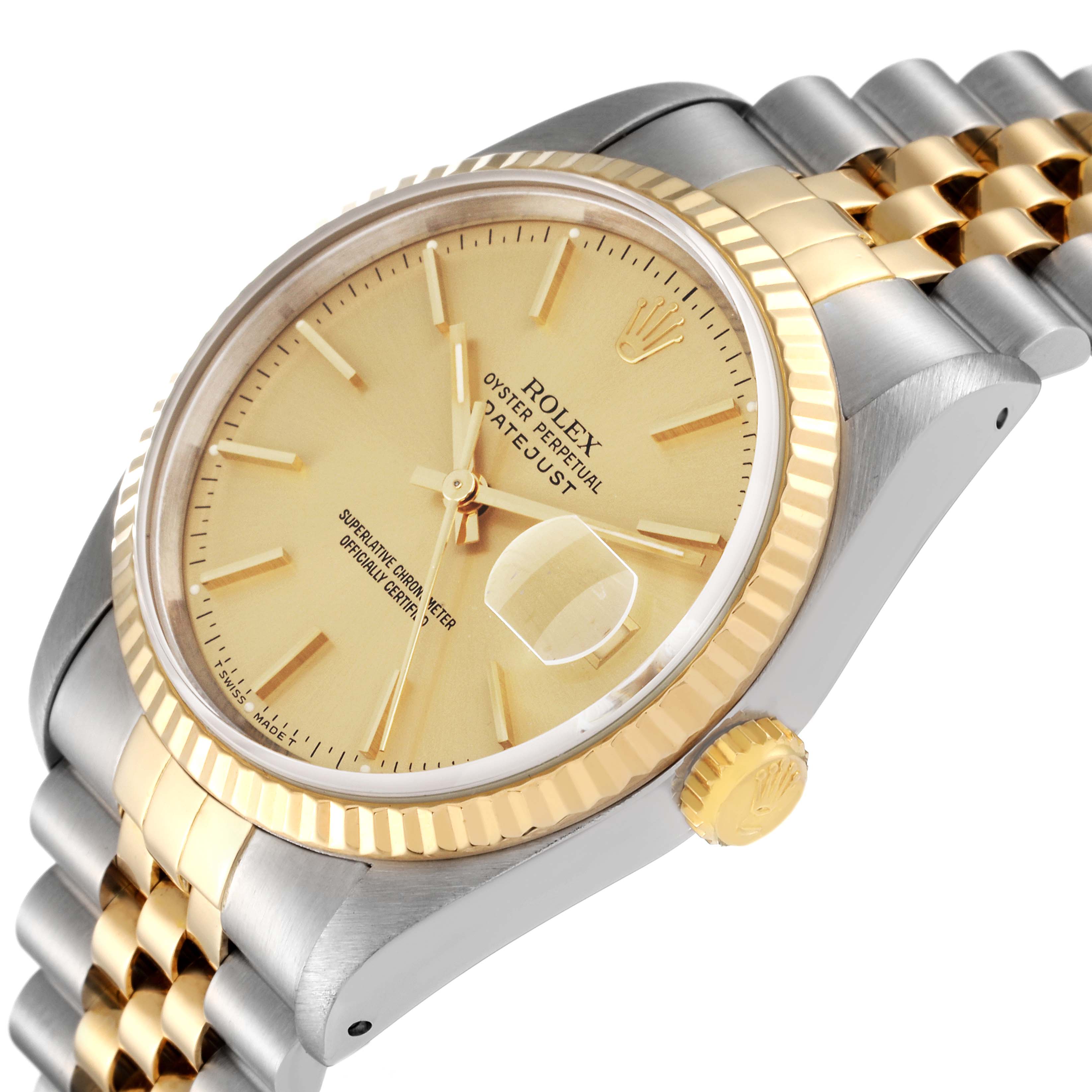 This image shows a close-up angle of the Rolex Datejust 16233 Men's Steel and Gold (two tone) Champagne Dial 16233 Men's Steel and Gold (two tone) Champagne Dial watch, showcasing its dial, bezel, crown, and part of the bracelet.