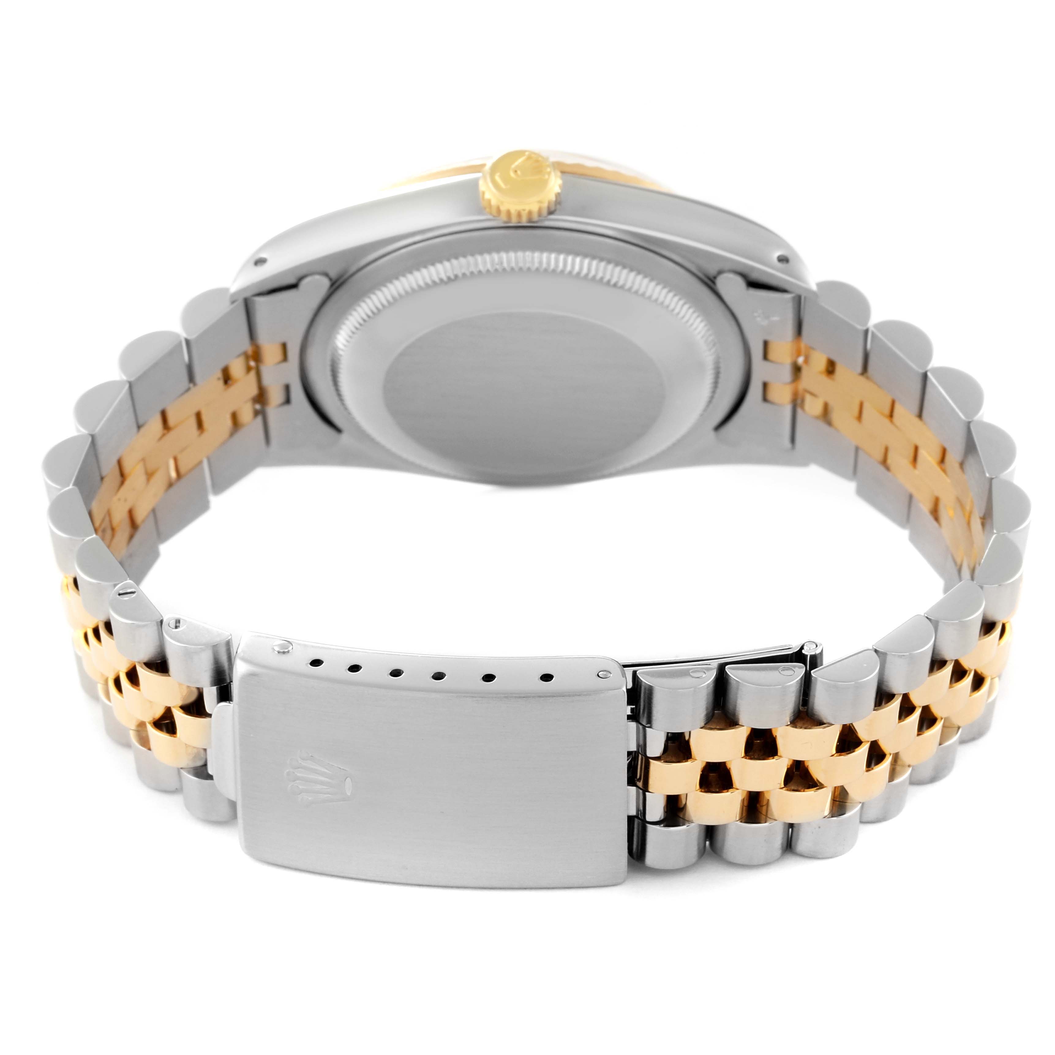 This image shows the back case, bracelet, and clasp of a Rolex Datejust 16233 Men's Steel and Gold (two tone) Champagne Dial 16233 Men's Steel and Gold (two tone) Champagne Dial watch in a two-tone finish.