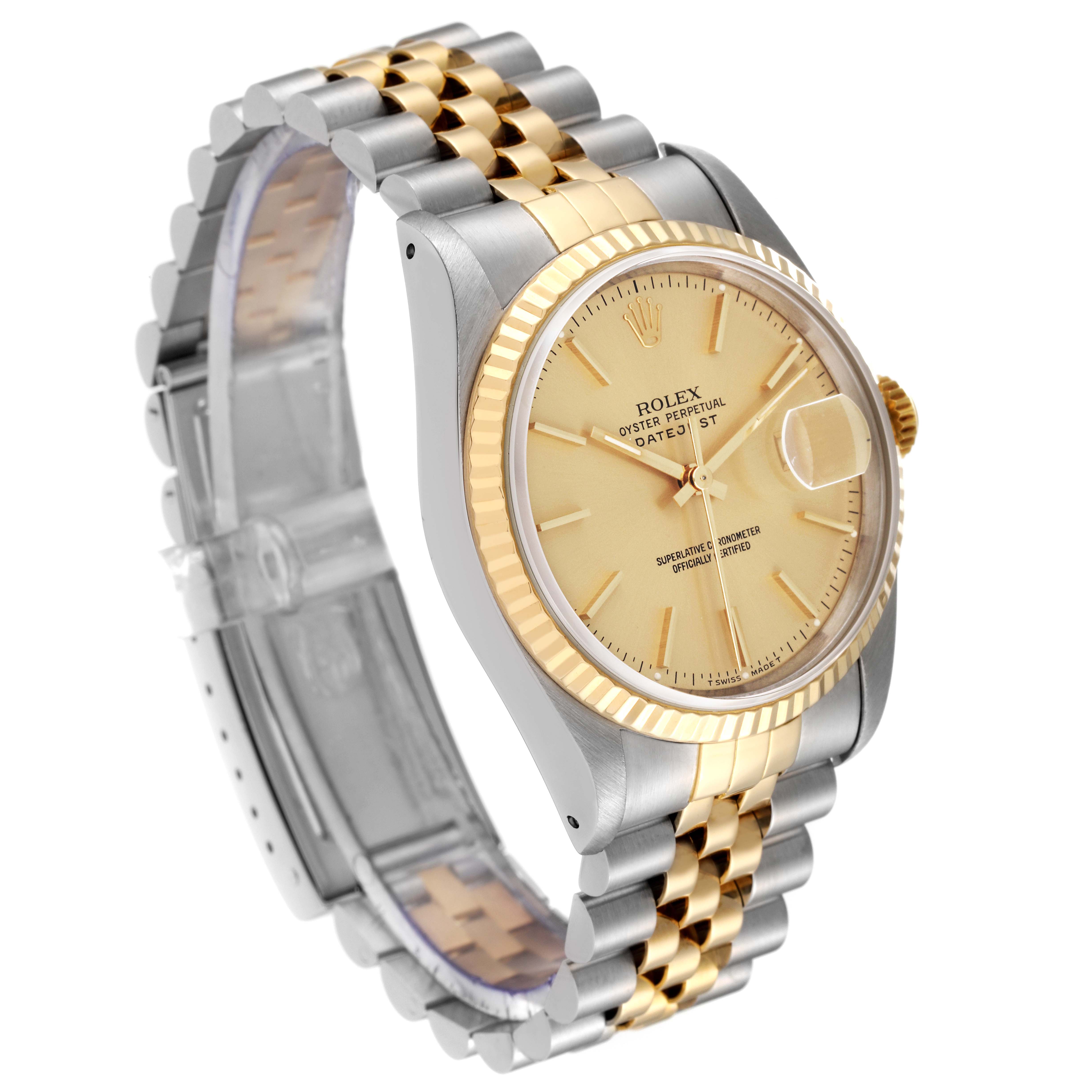 This image shows a side angle of a Rolex Datejust 16233 Men's Steel and Gold (two tone) Champagne Dial 16233 Men's Steel and Gold (two tone) Champagne Dial watch, featuring its face, bezel, crown, and two-tone bracelet.