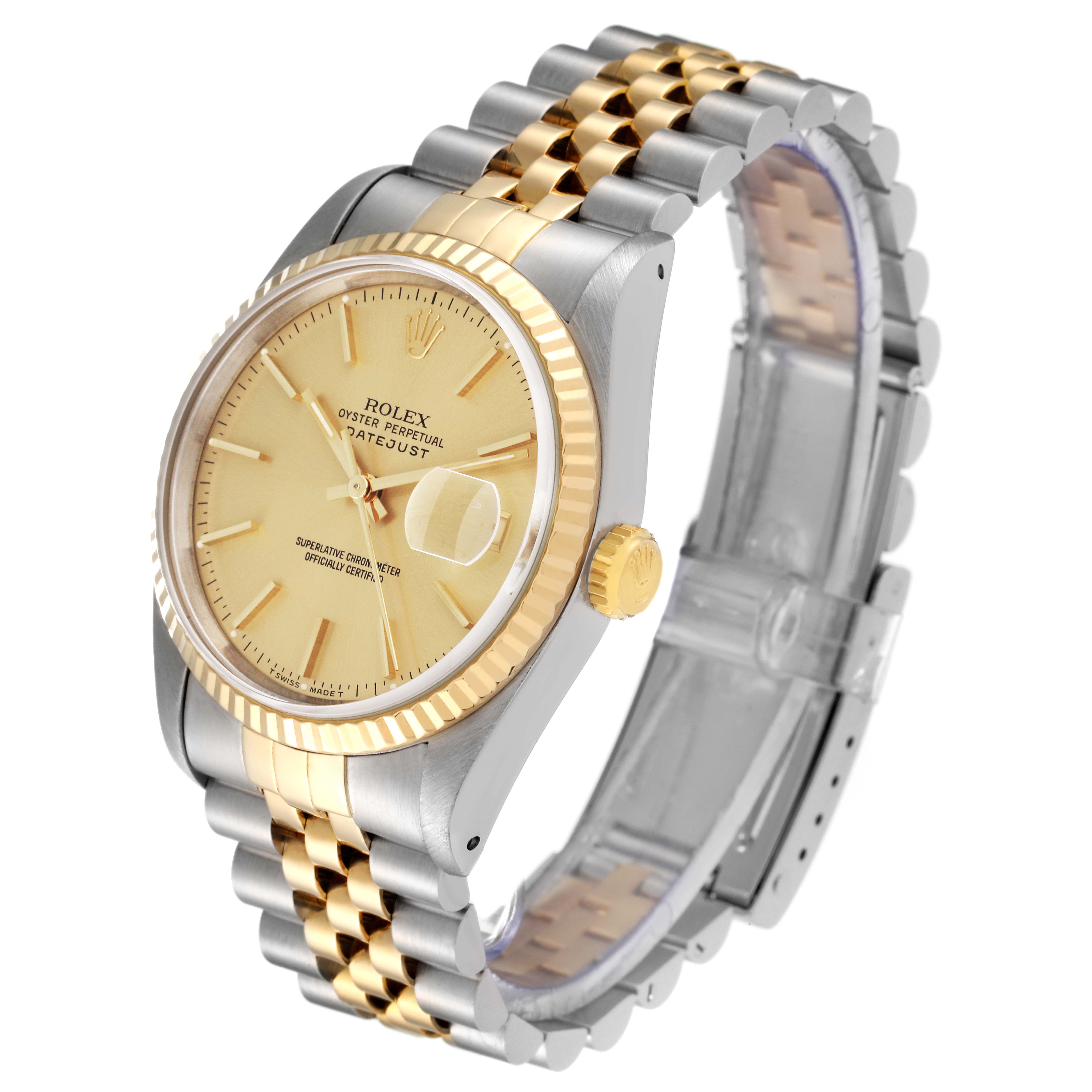 The Rolex Datejust 16233 Men's Steel and Gold (two tone) Champagne Dial 16233 Men's Steel and Gold (two tone) Champagne Dial watch is shown at an angle displaying its face, fluted bezel, and two-tone jubilee bracelet.