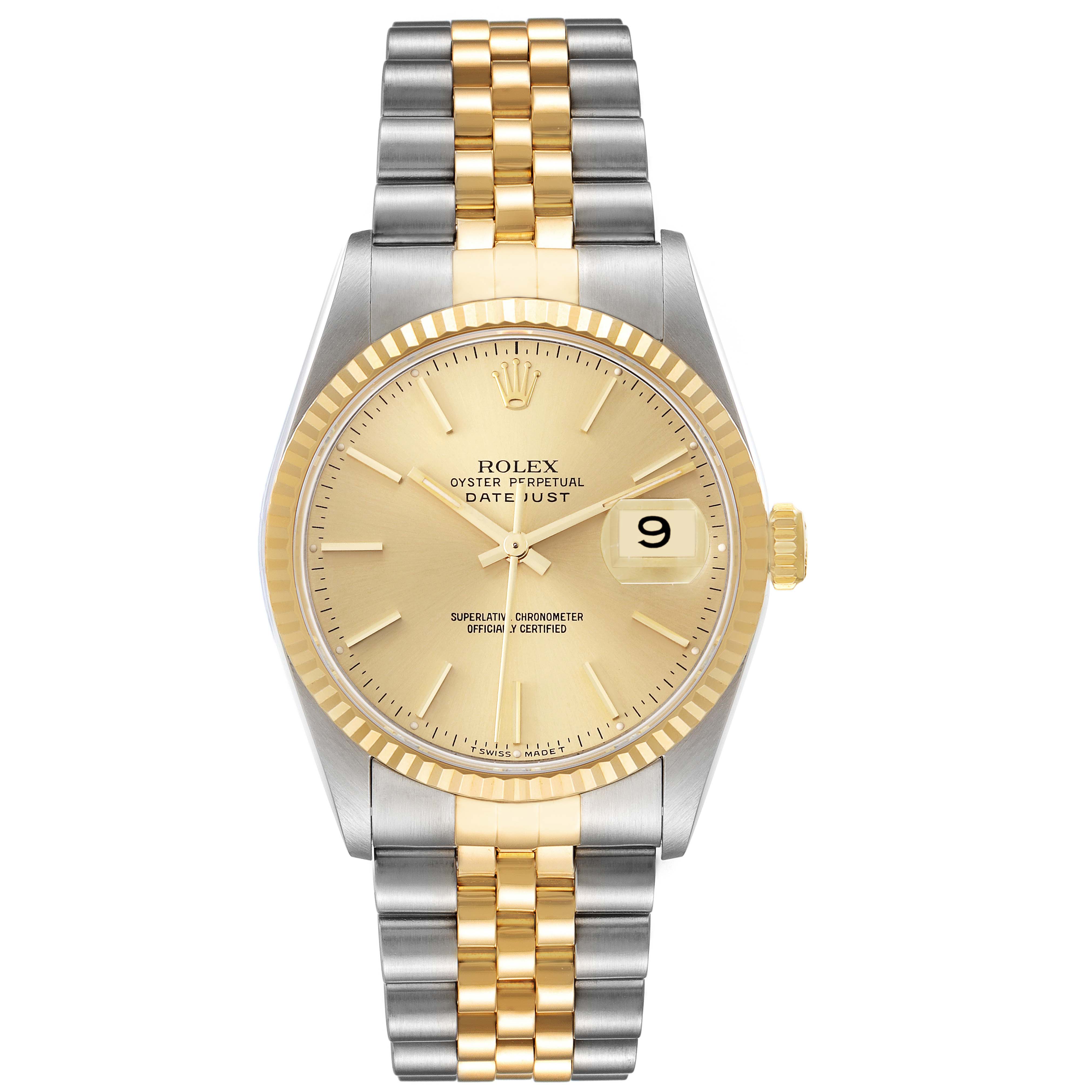 The image shows a frontal view of the Rolex Datejust 16233 Men's Steel and Gold (two tone) Champagne Dial 16233 Men's Steel and Gold (two tone) Champagne Dial watch, displaying its bracelet, dial, hands, bezel, and date window.