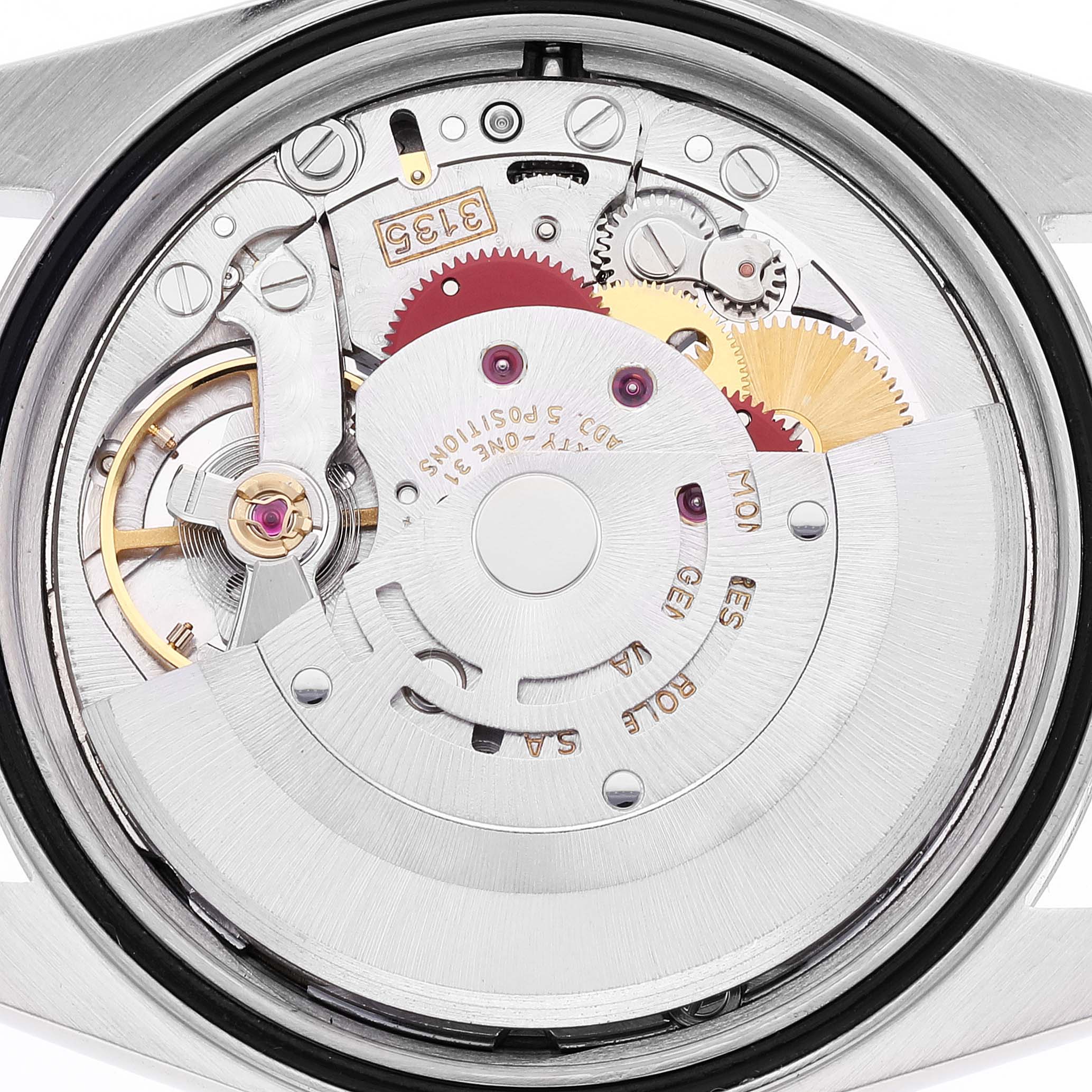 This image shows the internal mechanical movement of a Rolex Datejust 16233 Men's Steel and Gold (two tone) Champagne Dial 16233 Men's Steel and Gold (two tone) Champagne Dial watch from a rear angle.