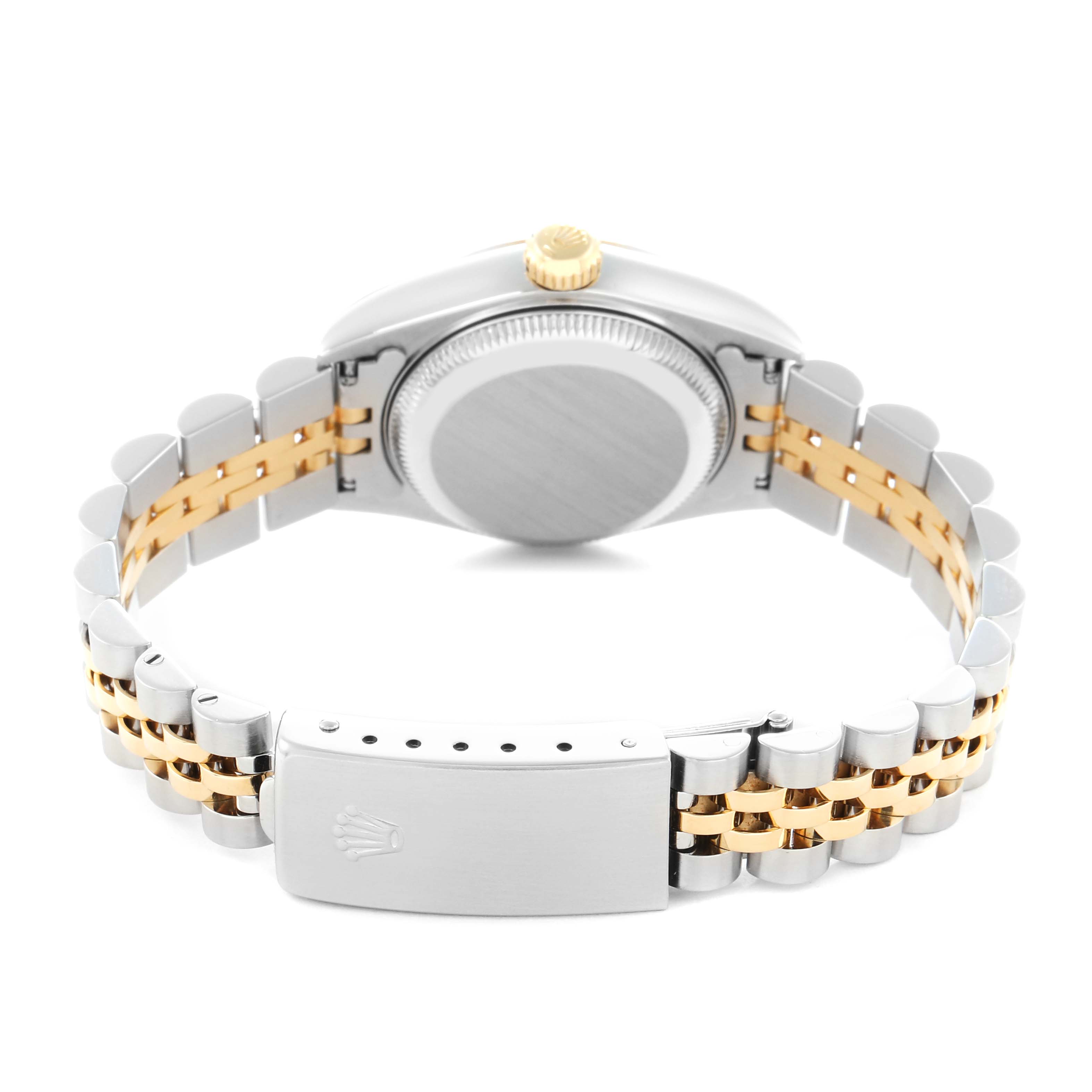 The image shows a Rolex Datejust model 79173 from the back, highlighting the clasp, bracelet, and case back.