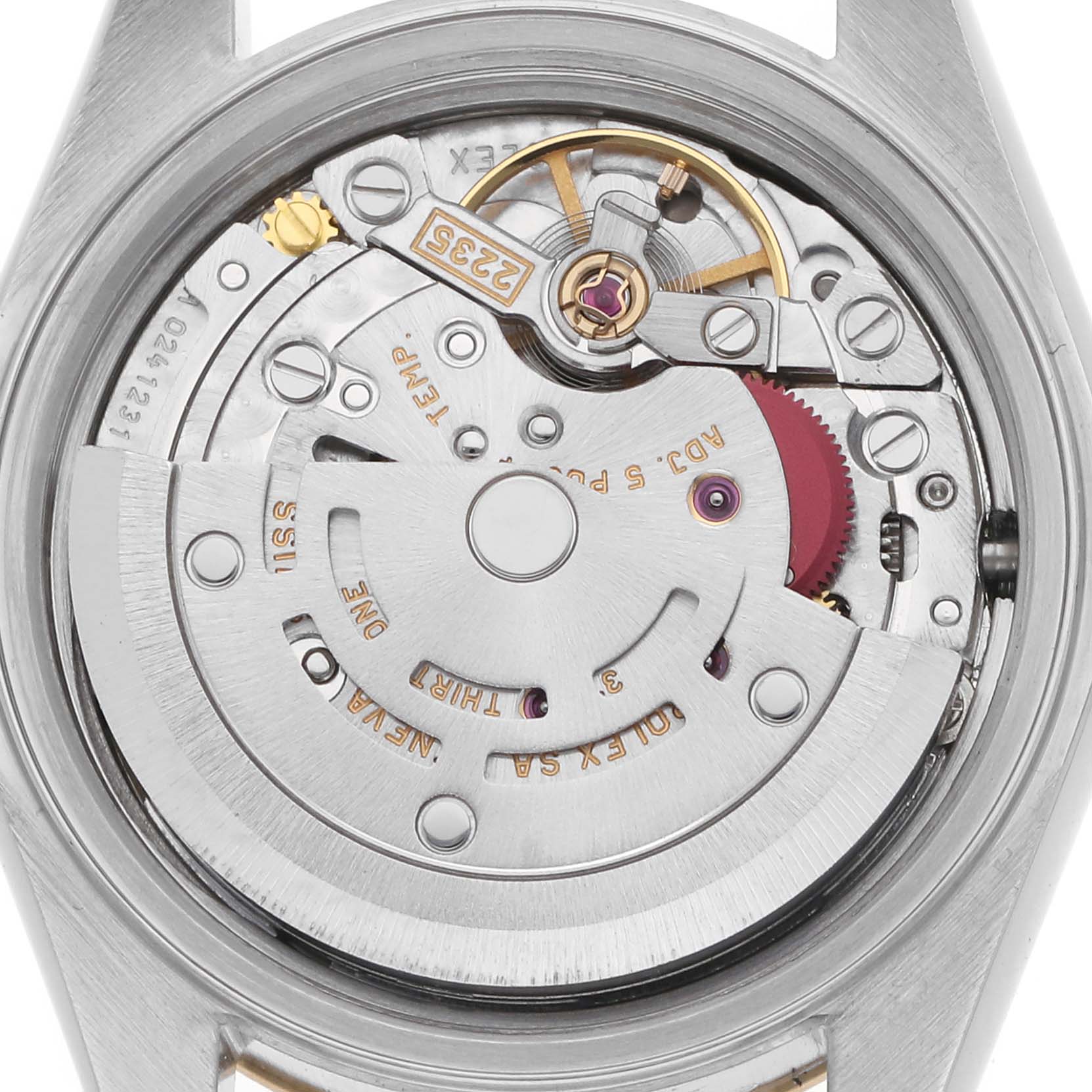 This image shows an open view of the watch movement of a Rolex Datejust model 79173, highlighting the intricate internal mechanics and rotor.