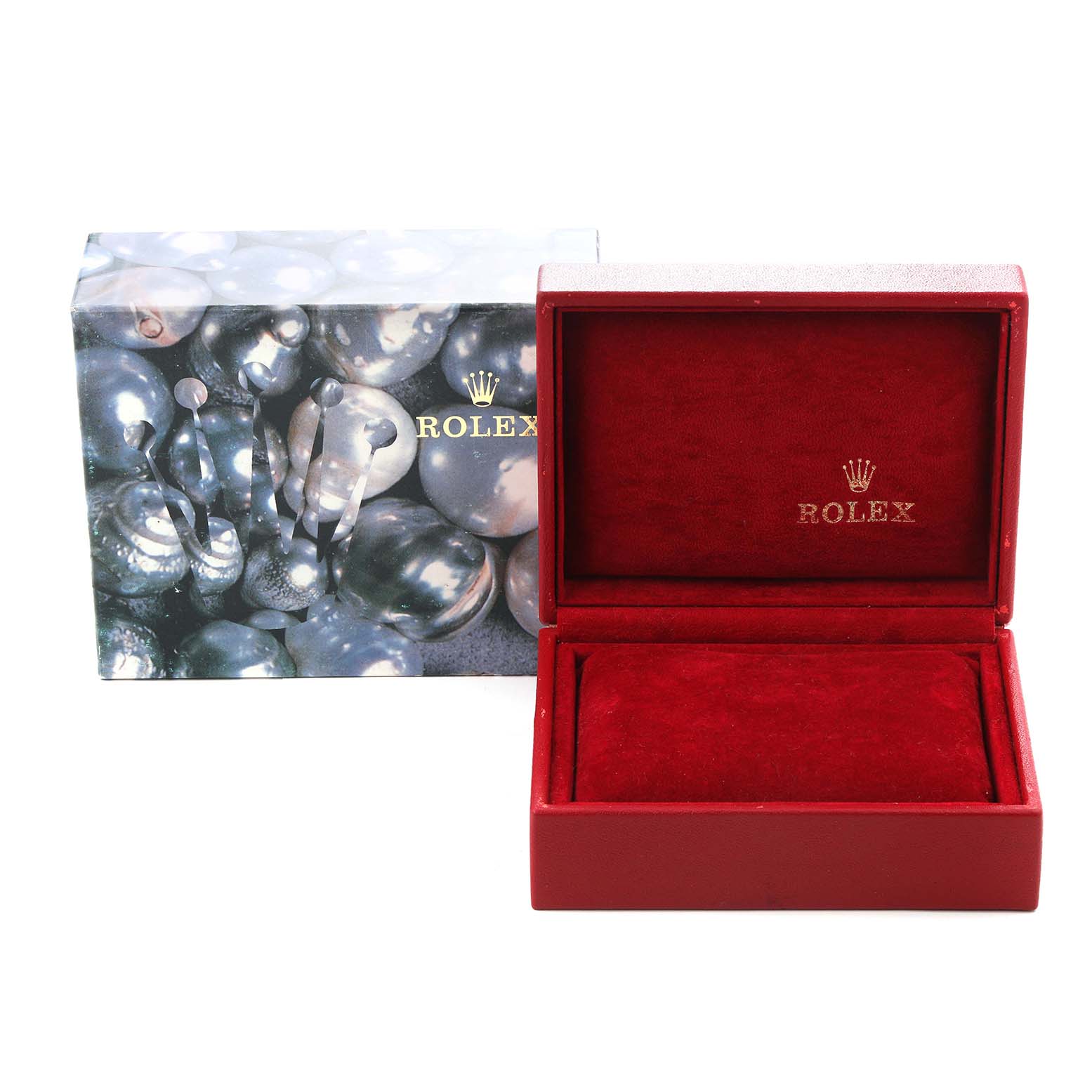 The image shows a red Rolex Datejust model 79173 watch box with a Rolex branded outer cover featuring pearl-like designs.