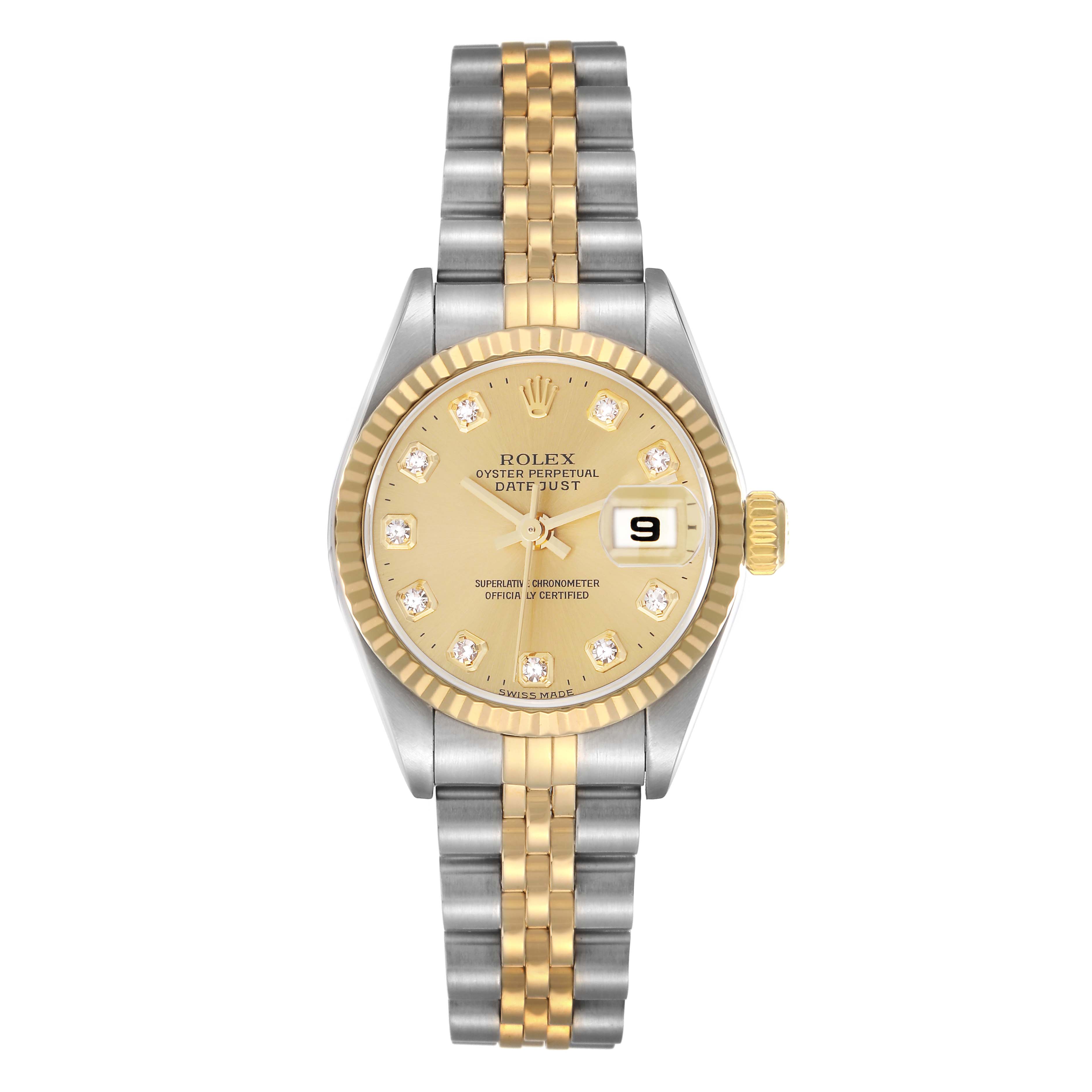 The Rolex Datejust model 79173 is shown from a front angle, displaying the dial, bezel, and Jubilee bracelet.