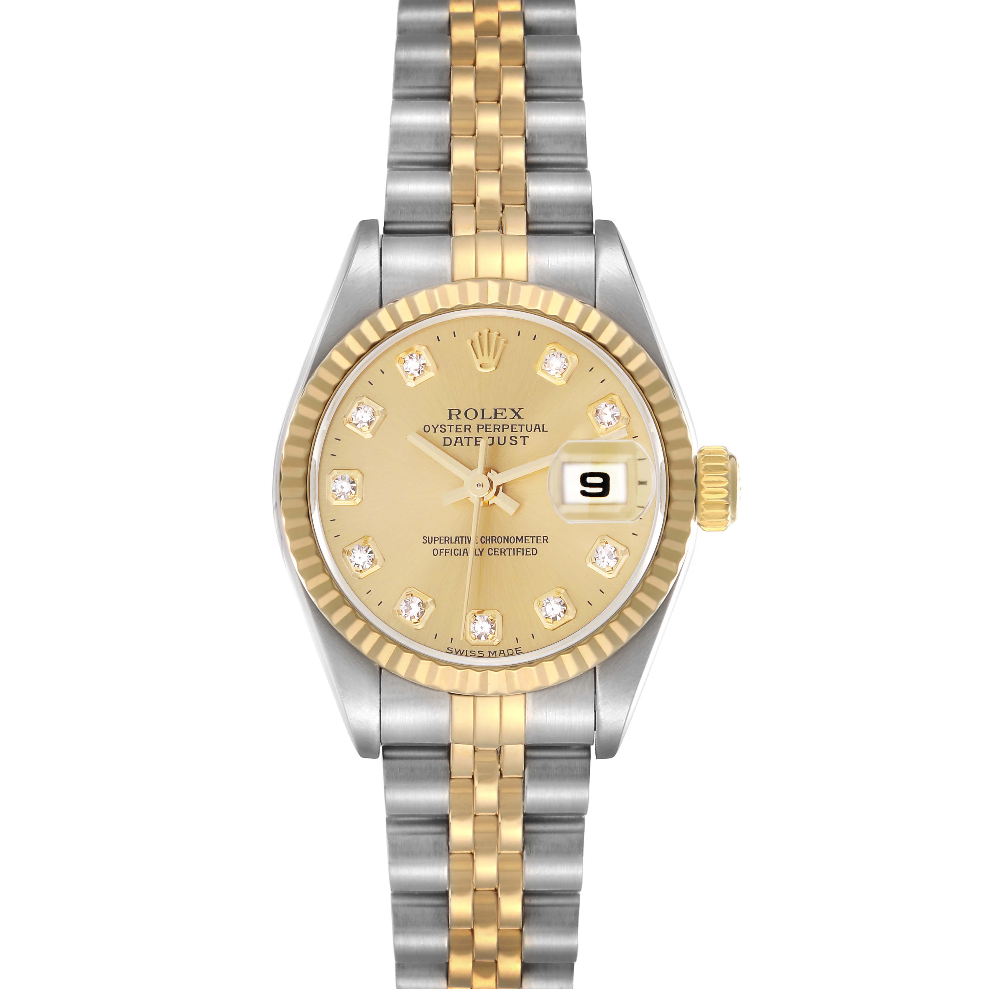 The Rolex Datejust model 79173 men's watch is shown from a top view, displaying the face, fluted bezel, and two-tone bracelet.