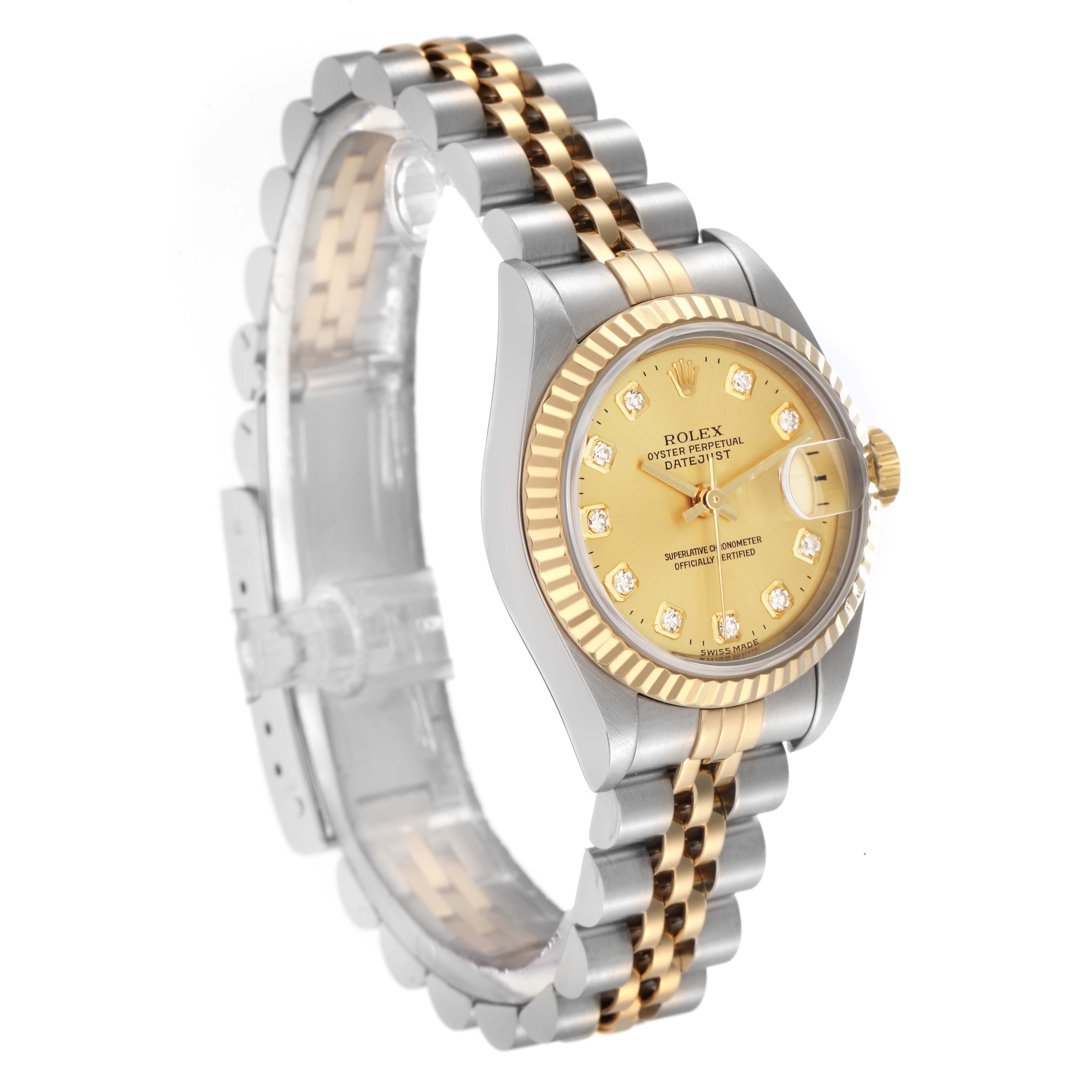 The Rolex Datejust model number 79173 is shown at a three-quarter angle, displaying the watch face, bezel, and partially open jubilee bracelet.