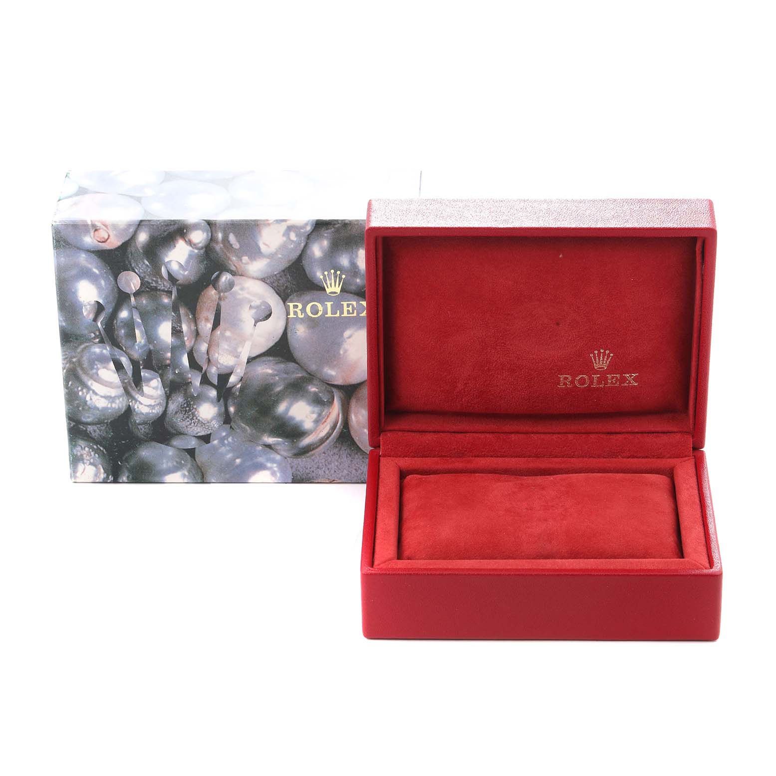 The image shows a Rolex watch box for the Datejust model 79173, highlighting the packaging with a partly open, red velvet interior.