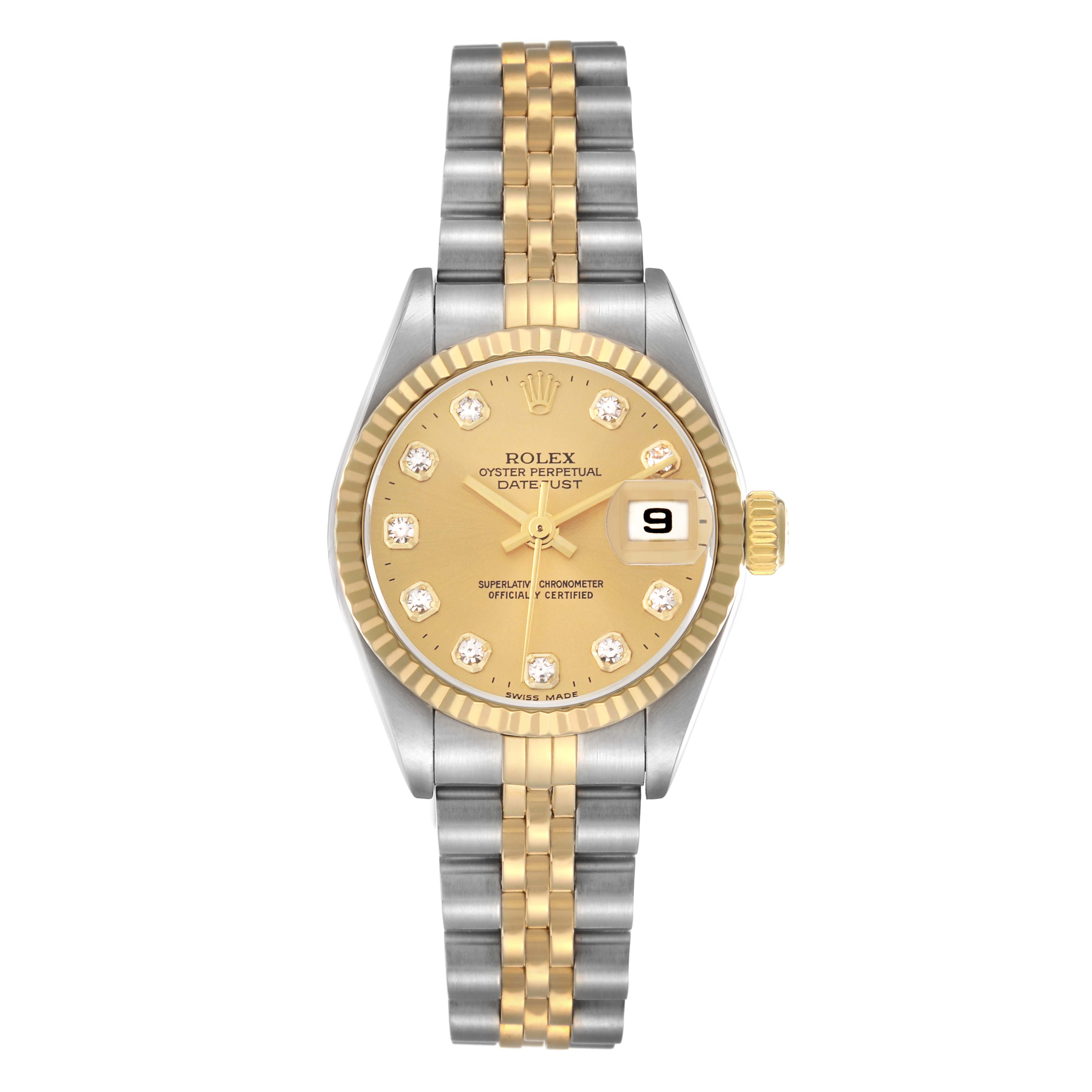 The image shows a Rolex Datejust model 79173 men's watch, with a frontal view highlighting the gold and silver jubilee bracelet, fluted bezel, diamond markers, and date window.