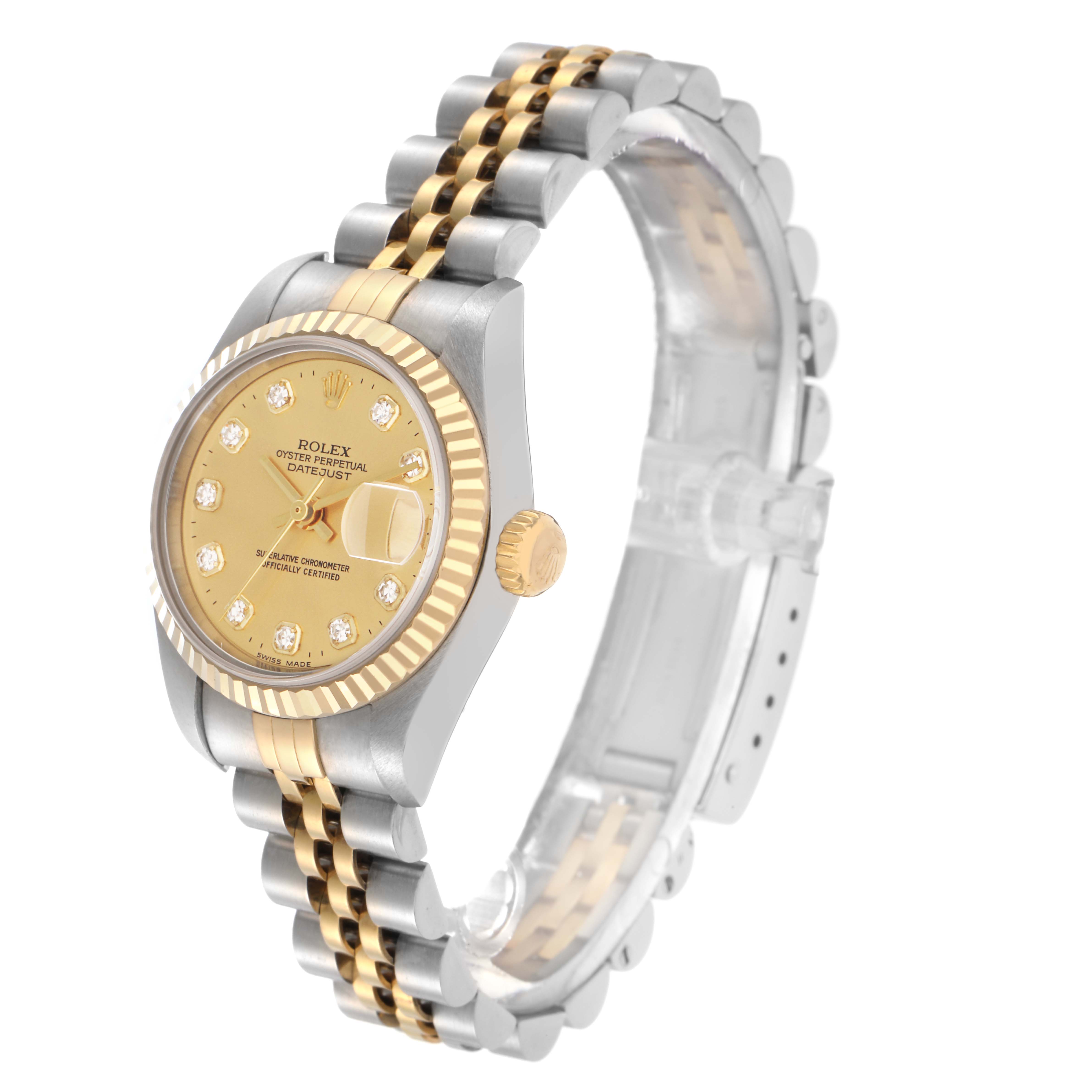 The Rolex Datejust model 79173 watch is shown at a three-quarter angle, highlighting its gold dial, fluted bezel, and two-tone bracelet.