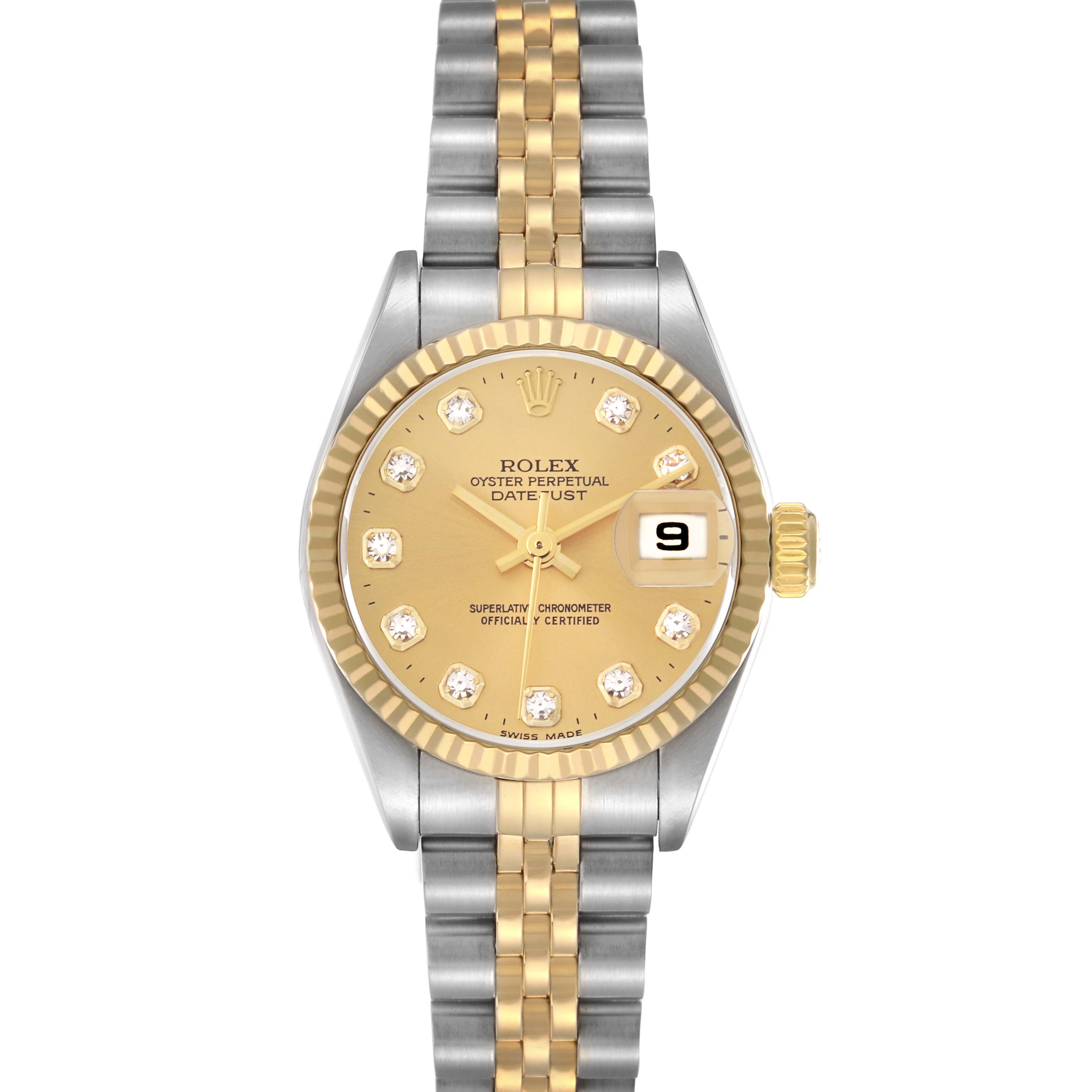 The Rolex Datejust model 79173 men's watch is shown from the front, displaying the dial, bezel, and bracelet, highlighting its two-tone design.