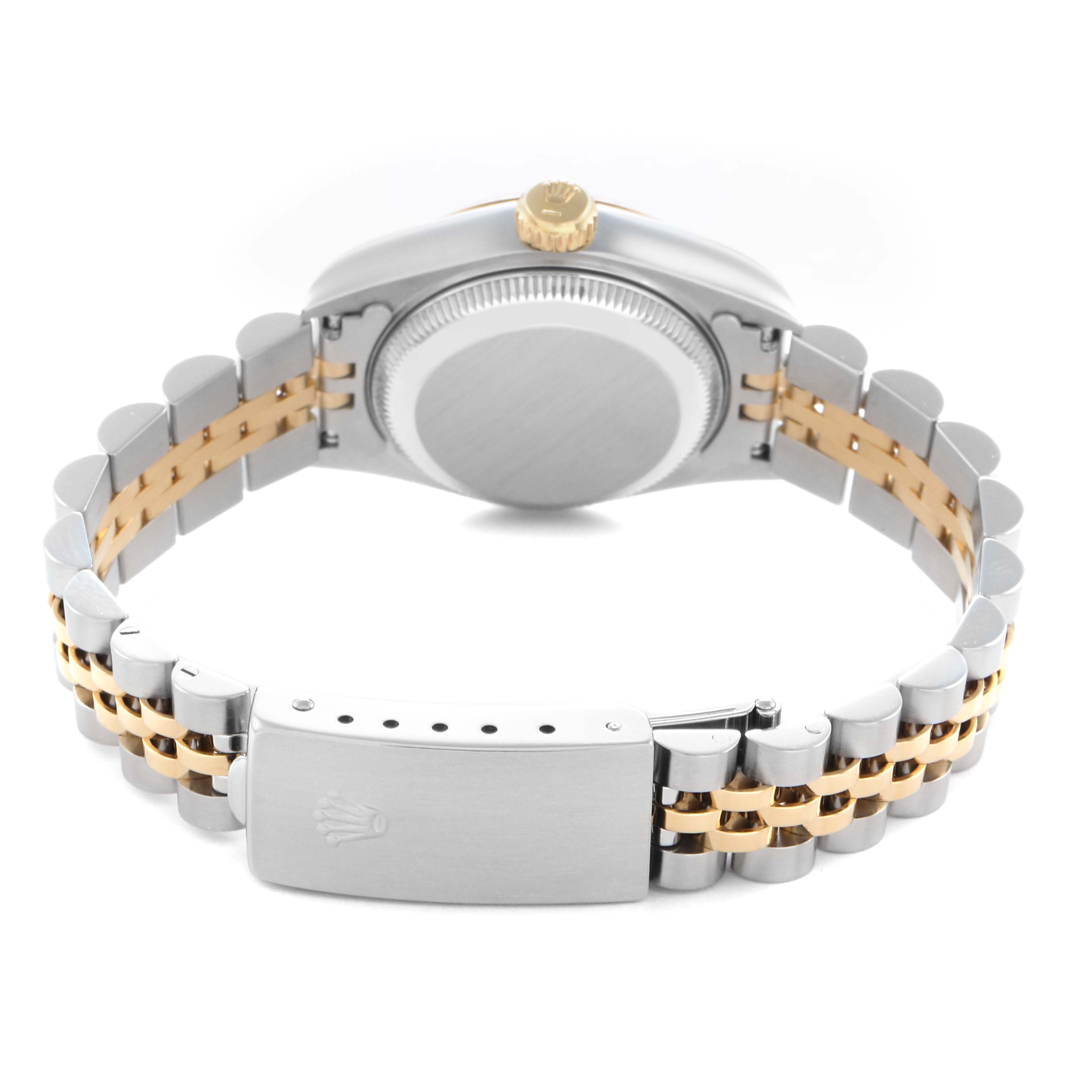 The image shows the back of the Rolex Datejust model 69173, highlighting the bracelet, clasp, and case back from a rear angle.