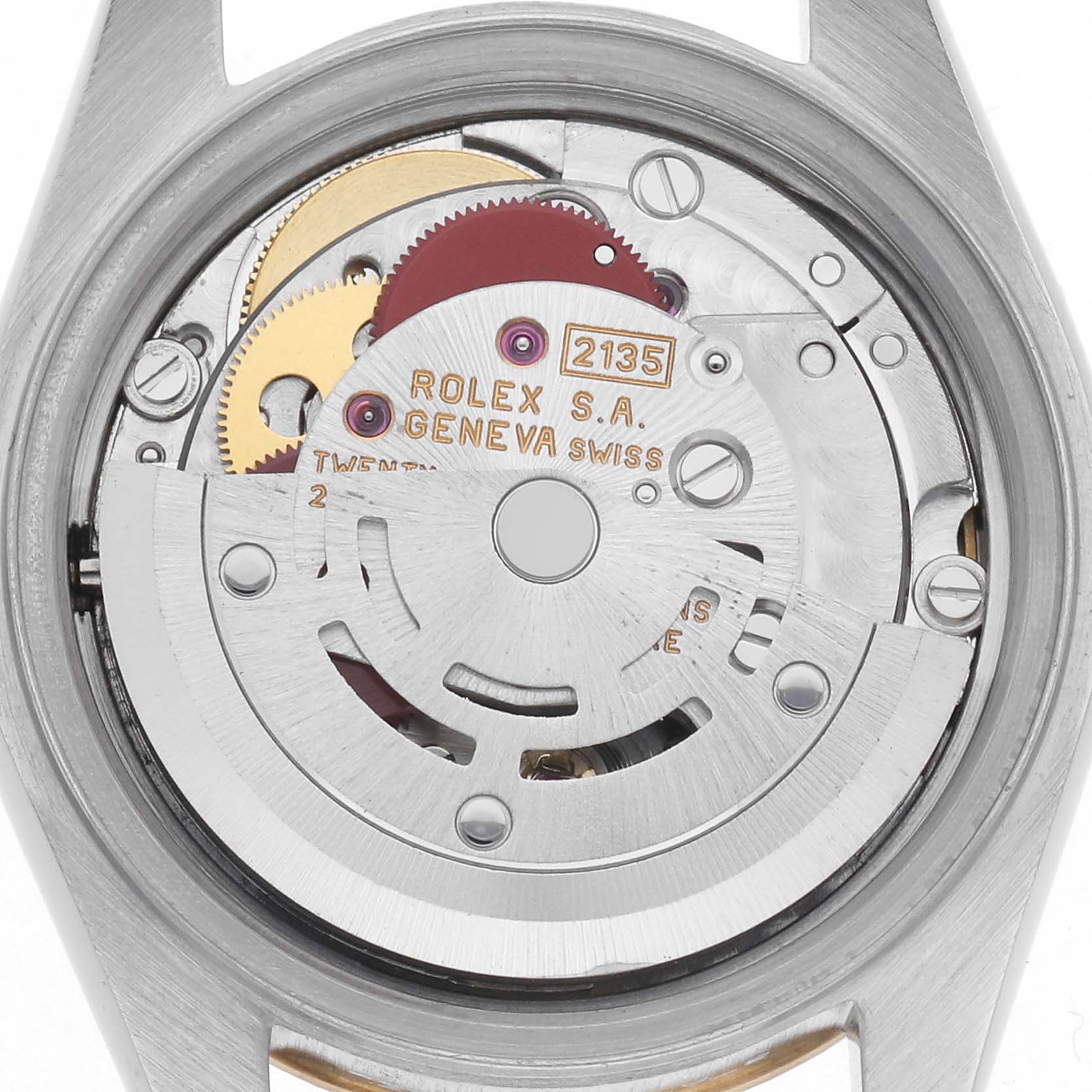 The image shows the movement mechanism of a Rolex Datejust model 69173, highlighting gears and intricate components from a back view.