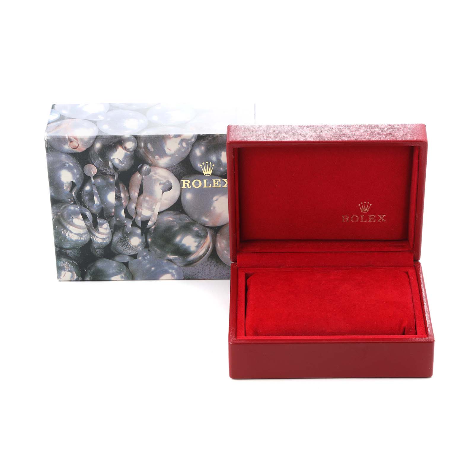 The image shows the packaging of a Rolex Datejust model 69173 men's watch, featuring a closed decorative box and an open red inner box without the watch.