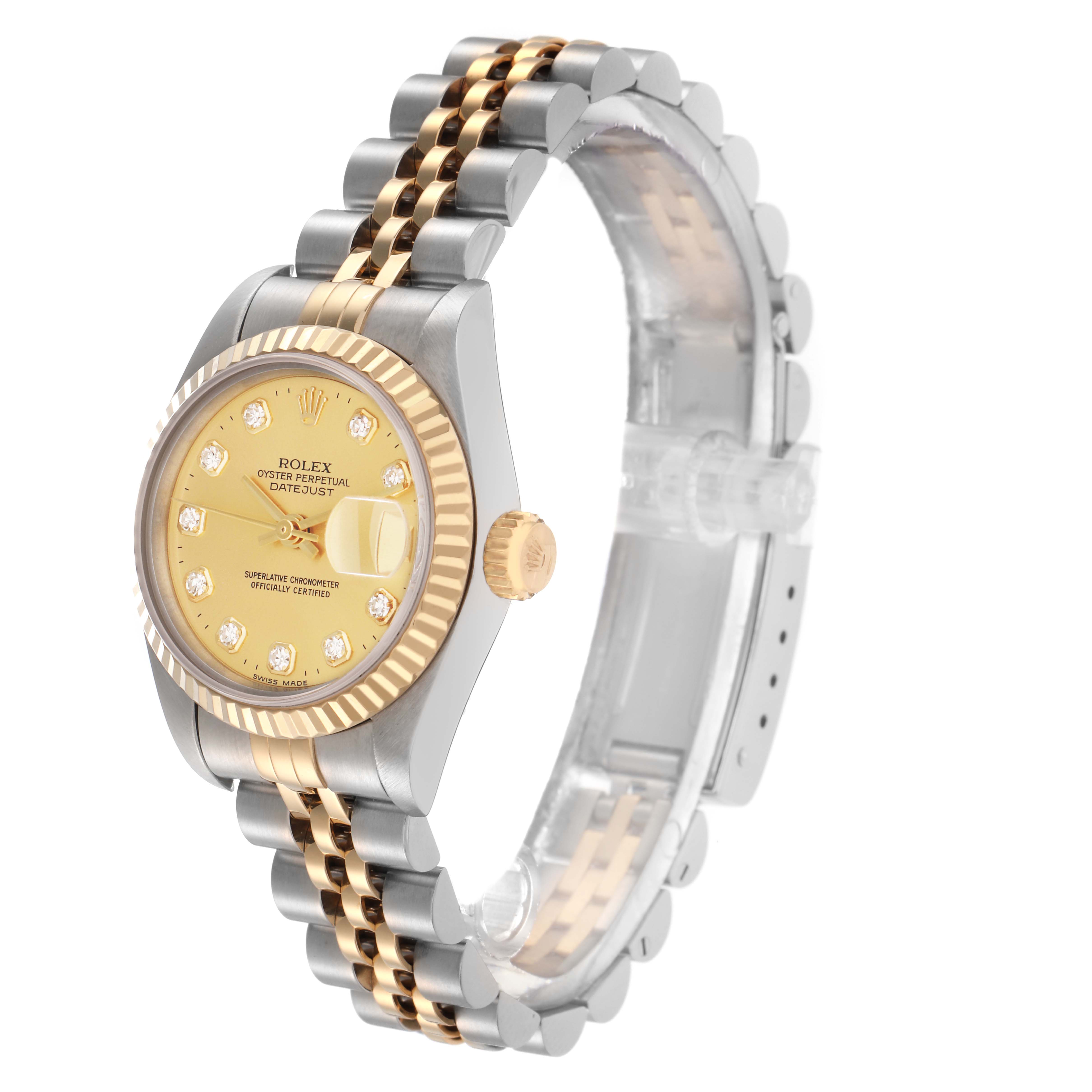 The image shows a Rolex Datejust model 69173 at a three-quarter angle, highlighting the face, bezel, and two-tone bracelet.