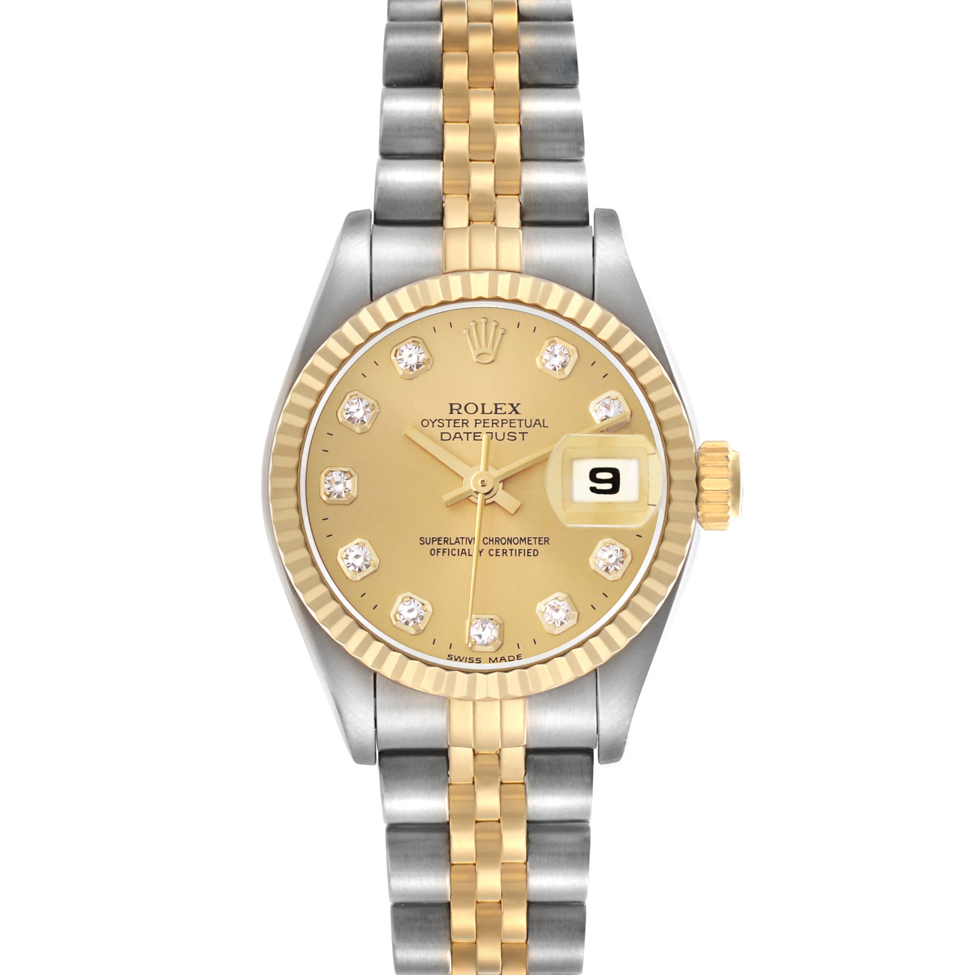 The image shows a Rolex Datejust model 69173 men's watch from the front, highlighting its gold dial, diamond markers, fluted bezel, and two-tone bracelet.