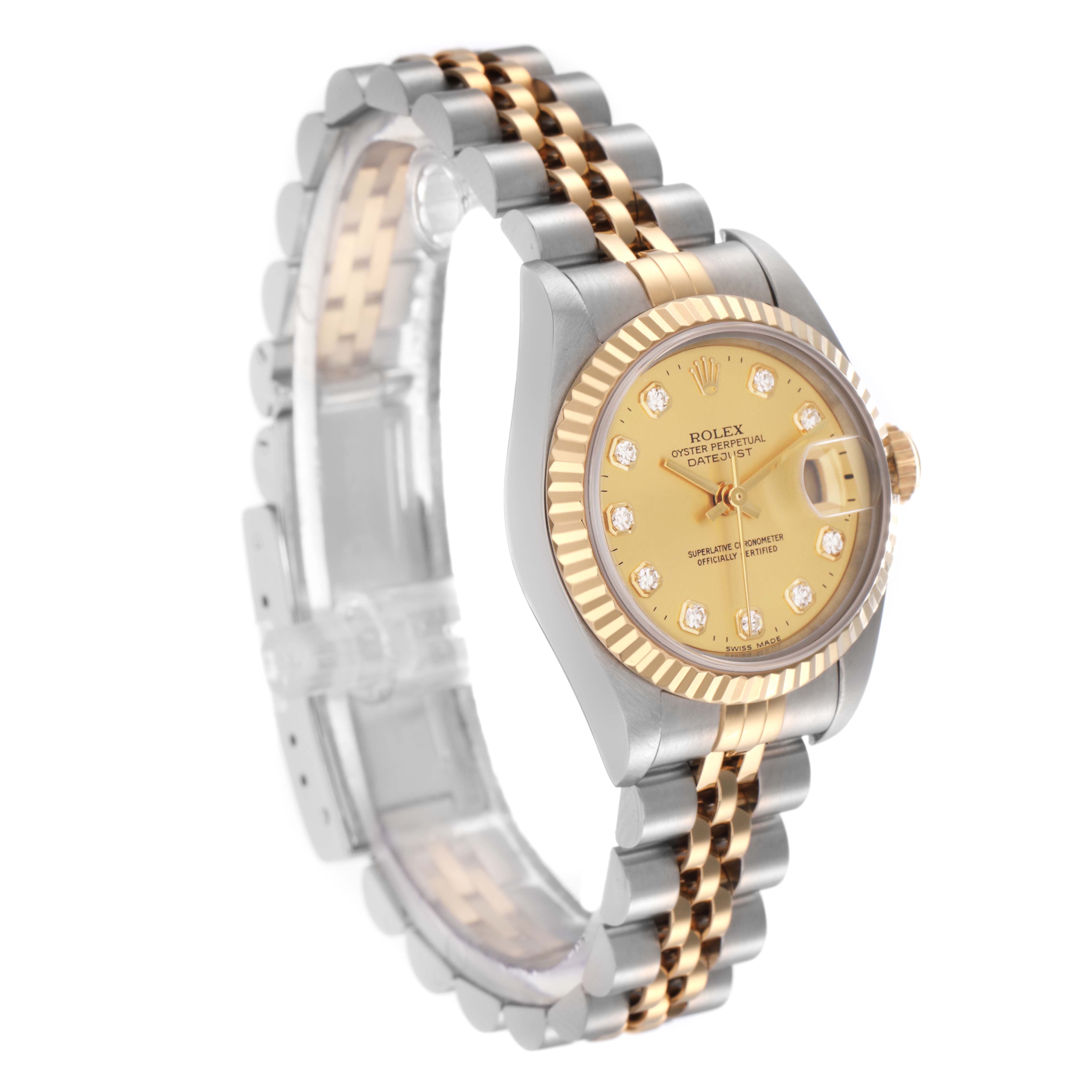 The Rolex Datejust model 69173 men's watch is shown at a three-quarter angle, displaying the bracelet, case, fluted bezel, and champagne dial with diamond hour markers.