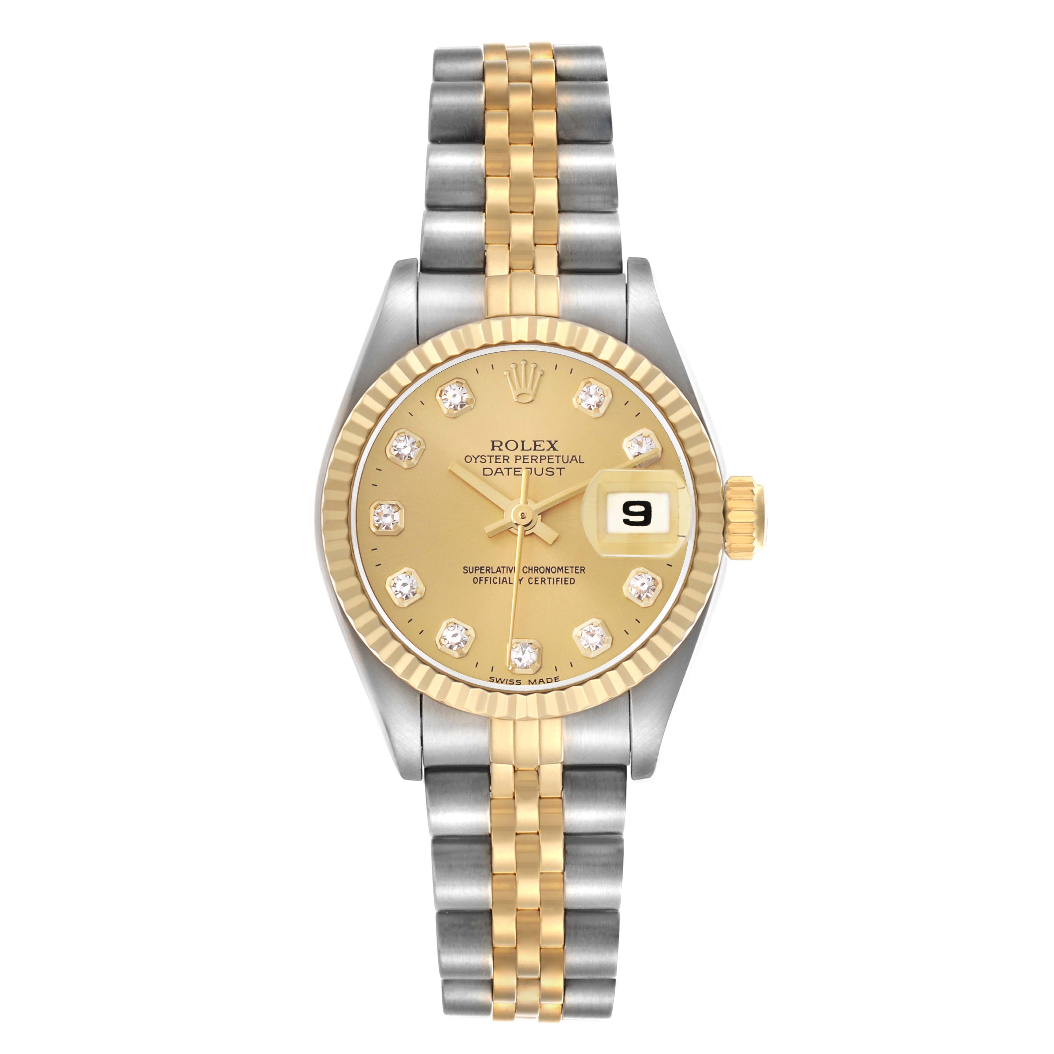 The Rolex Datejust model 69173 is shown in a front view, highlighting the dial, bezel, and two-tone Jubilee bracelet.