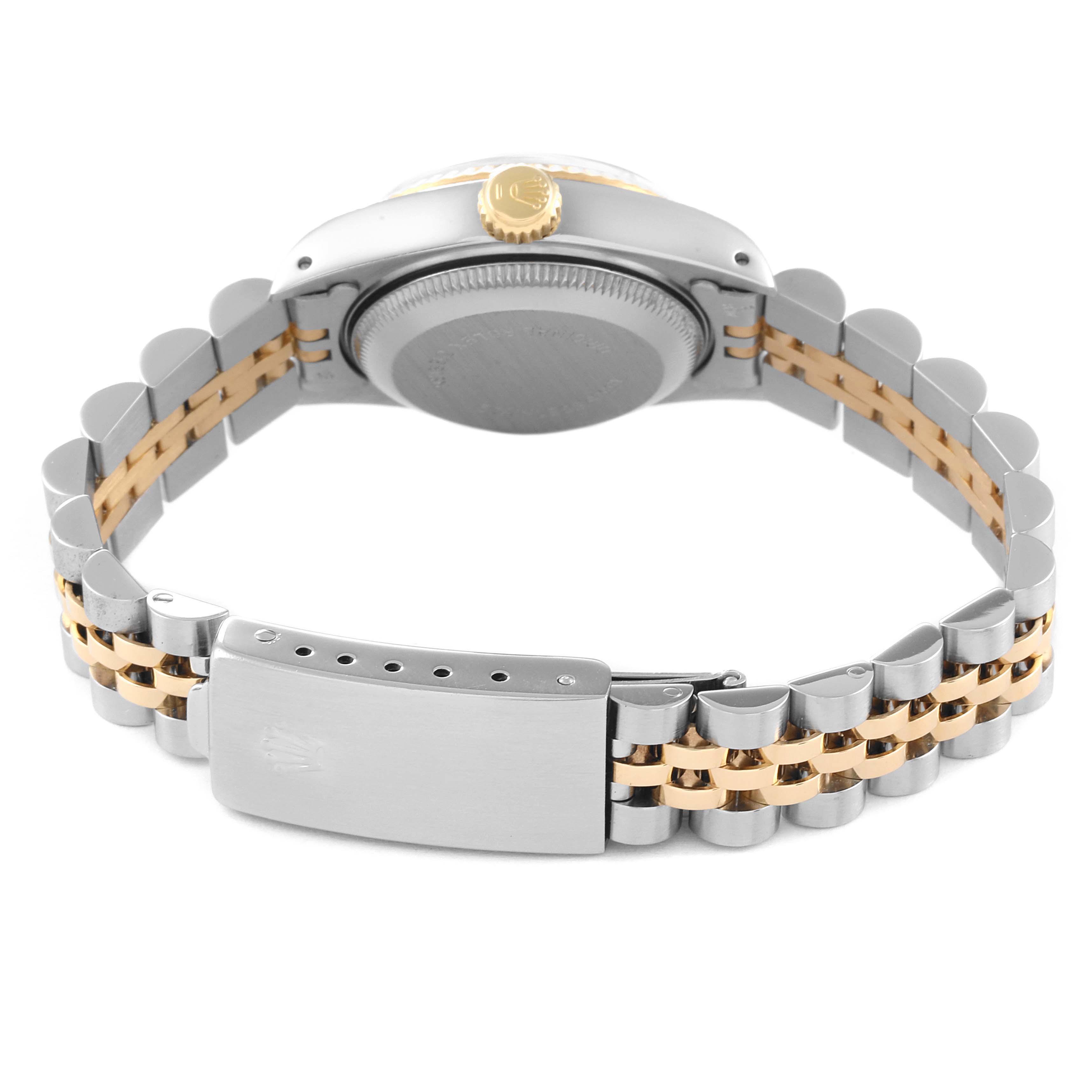 The image shows the back view of a Rolex Datejust 69173 Women's Steel and Gold (two tone) Champagne Dial 69173 Women's Steel and Gold (two tone) Champagne Dial watch, highlighting the two-tone bracelet, clasp, crown, and case back.