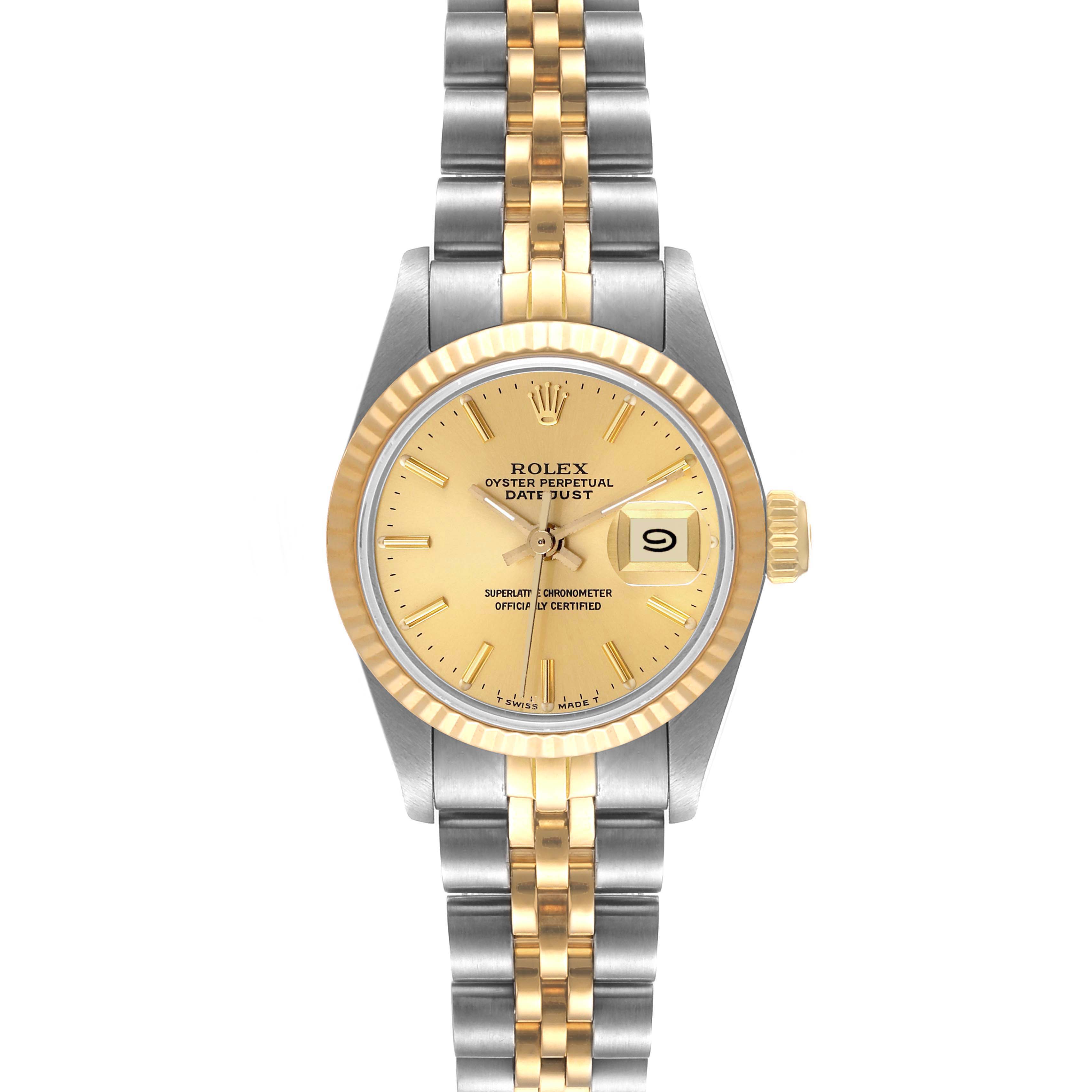 This image shows a front view of a Rolex Datejust 69173 Women's Steel and Gold (two tone) Champagne Dial 69173 Women's Steel and Gold (two tone) Champagne Dial watch, highlighting its two-tone bracelet, gold dial, and date function.