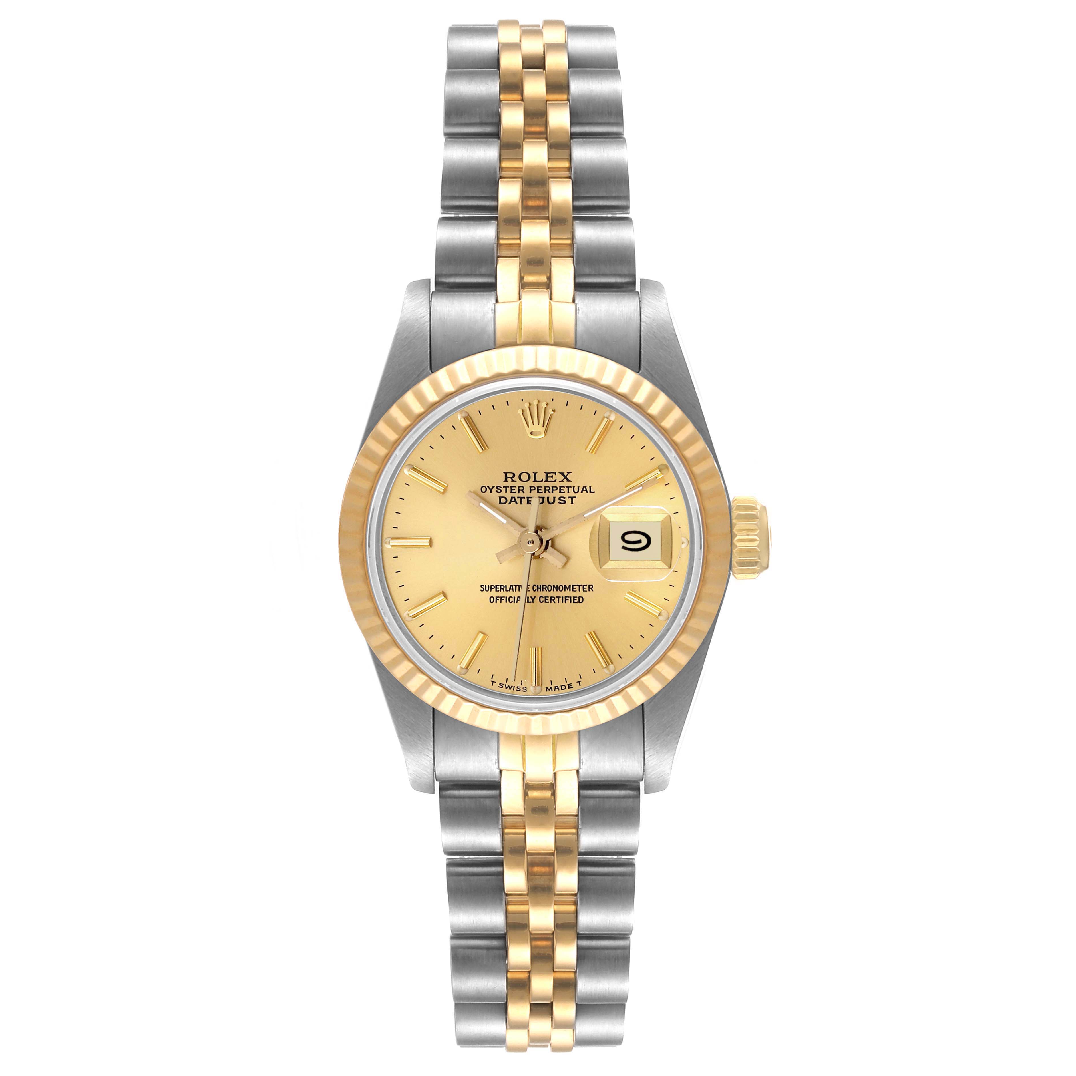 The image shows a front view of the Rolex Datejust 69173 Women's Steel and Gold (two tone) Champagne Dial 69173 Women's Steel and Gold (two tone) Champagne Dial watch, highlighting its face, bezel, and jubilee bracelet.